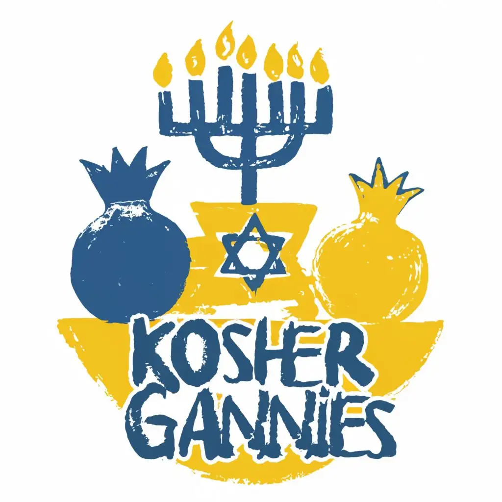 logo, Israel, yellow, blue, white, Menorah, Paul Klee, pomegranate, star of David, simple, on tablecloth, Jerusalem, with the text "Kosher Grannies", typography, be used in the automotive industry