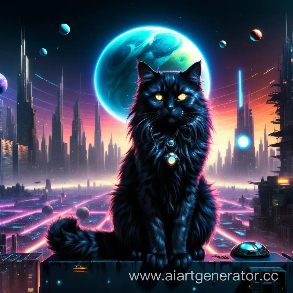 Cyberpunk-Cityscape-with-Heterochromatic-Black-Cat-and-Nine-Major-Planets