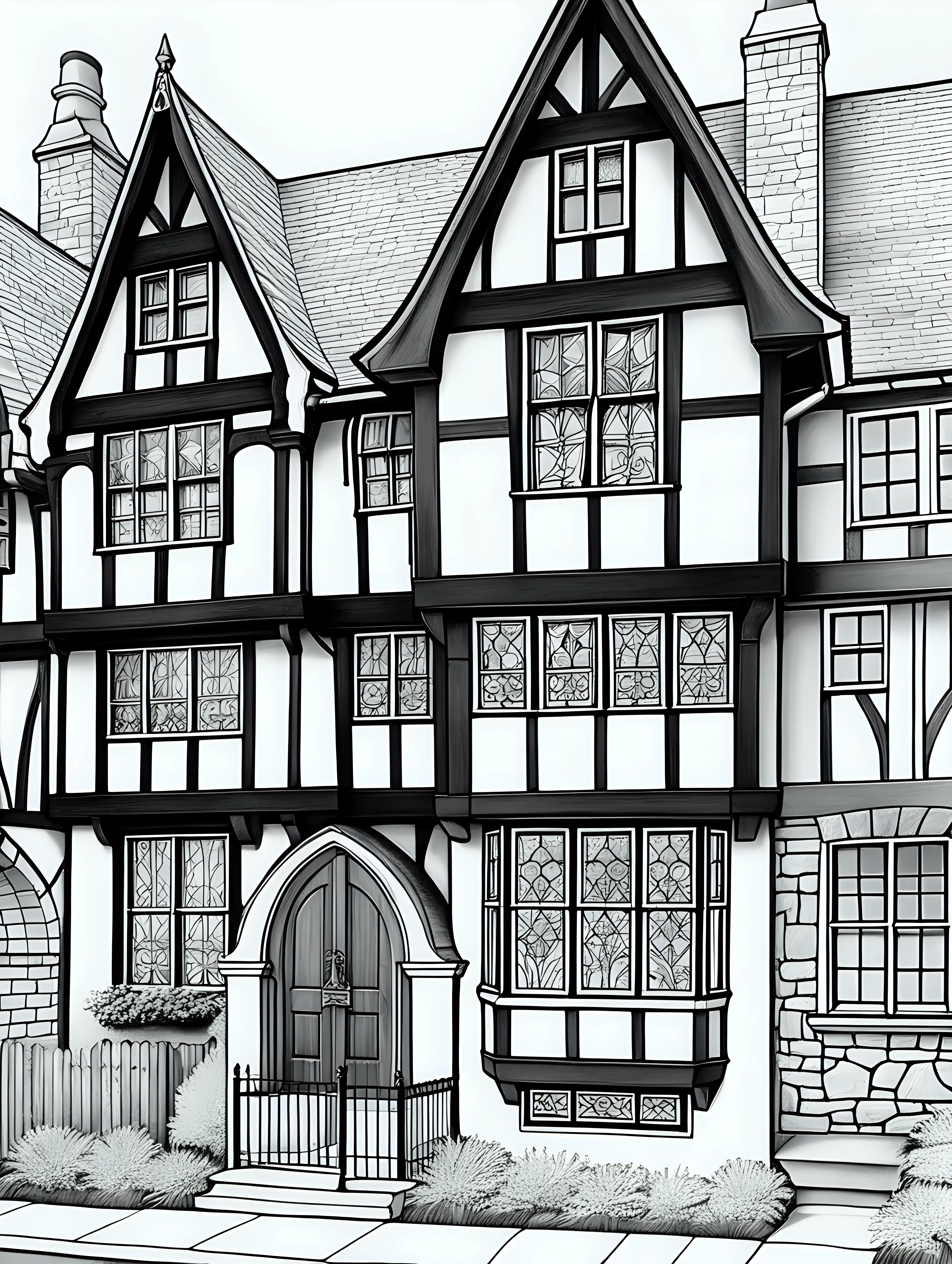 A Coloring book page, black and white. Tudor-style townhouses with exposed beams and charming leaded glass windows. The lines should be bold and inviting for young children
