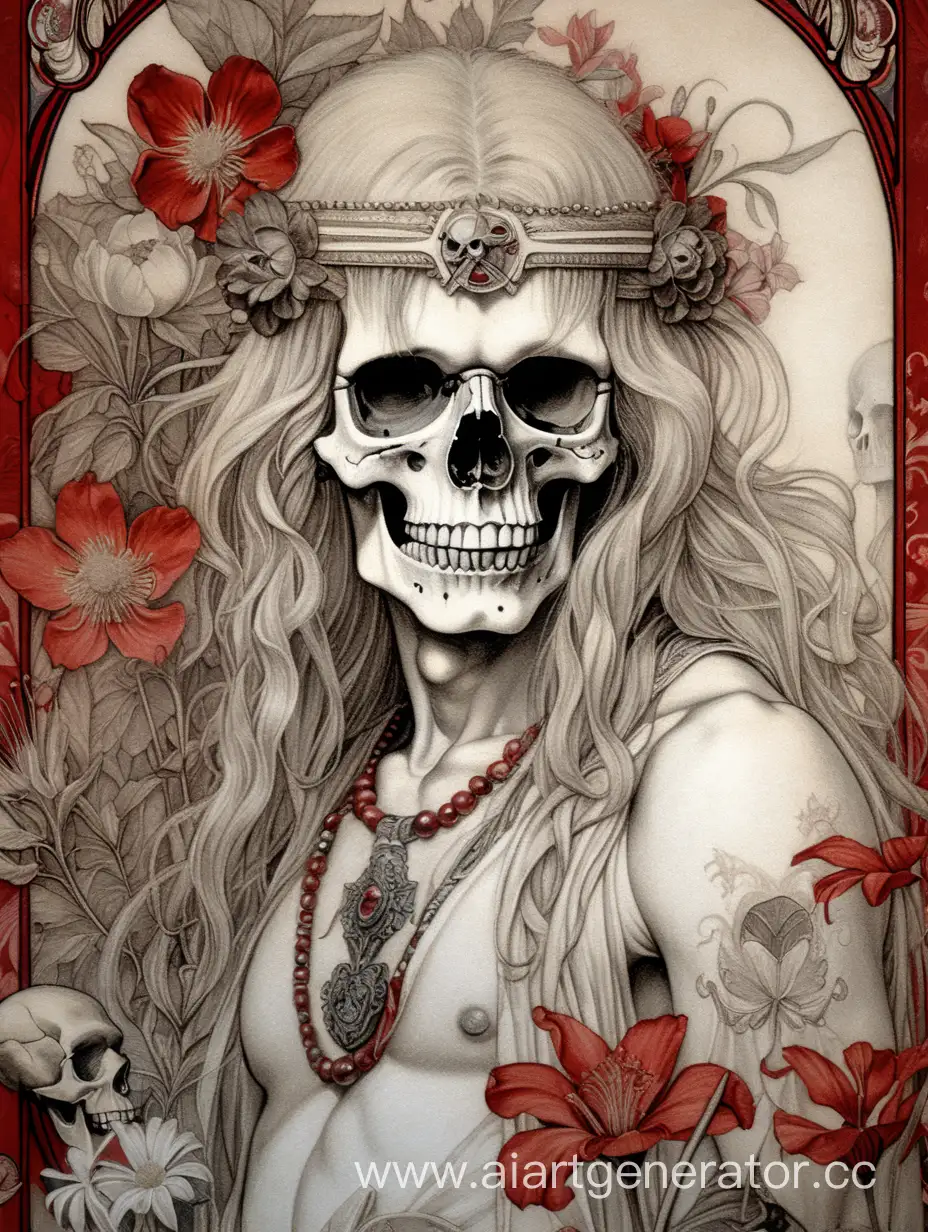 layne staley from alice in chains, skull face , odalisque, alphonse mucha poster background, wildflowers smoke paint, high textured paper, hiperdetailed lineart , black,gray, red,