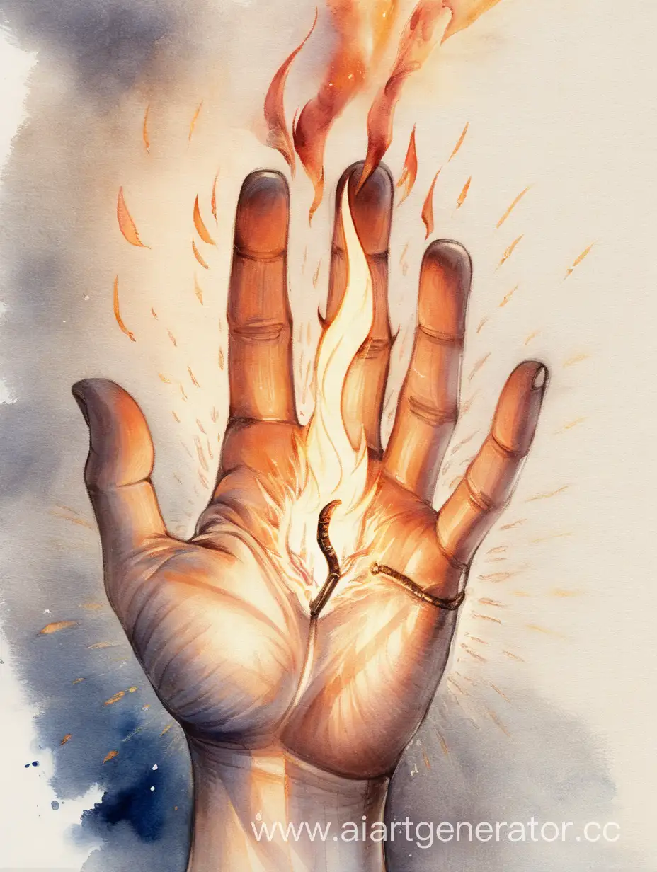 Рука повёрнутая ладонью к нам, на плоскости из которой выходит пламя. На картинке немного показан рукав, сделанный из льна. Магическиф огонь и искры. Нарисовано акварелью. Рука молодая мужская(юноши) магическая пыль исходит.