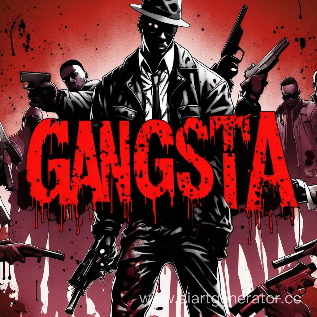 Посередине текст: Gangsta!, задний фон кровавый с пистолетом в руке