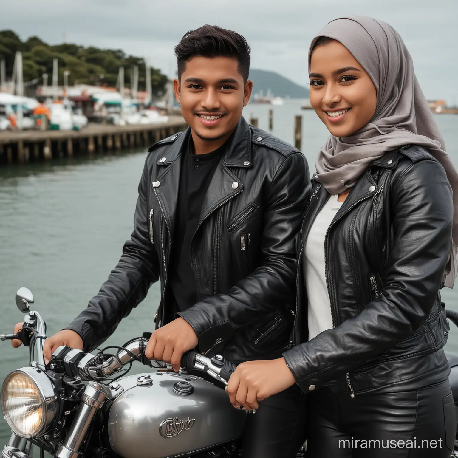 professional photography, close up photo, (((must be 4 person))), a girl 15yo with hijab, a slightly chubby malay woman 35 yo with long hijab and romantic man 38 yo with short curly hair, and littlegirl 8yo, standing on old traditional shiny metallic silver motorcycle at the wharf, wearing a leather black rider jacket, leather black pants, face smile,staring at night view the sea, anatomally correct, perfect hand, look at the viewer, UHD, Hasselblad X1D II 50c Camera, ISO 200