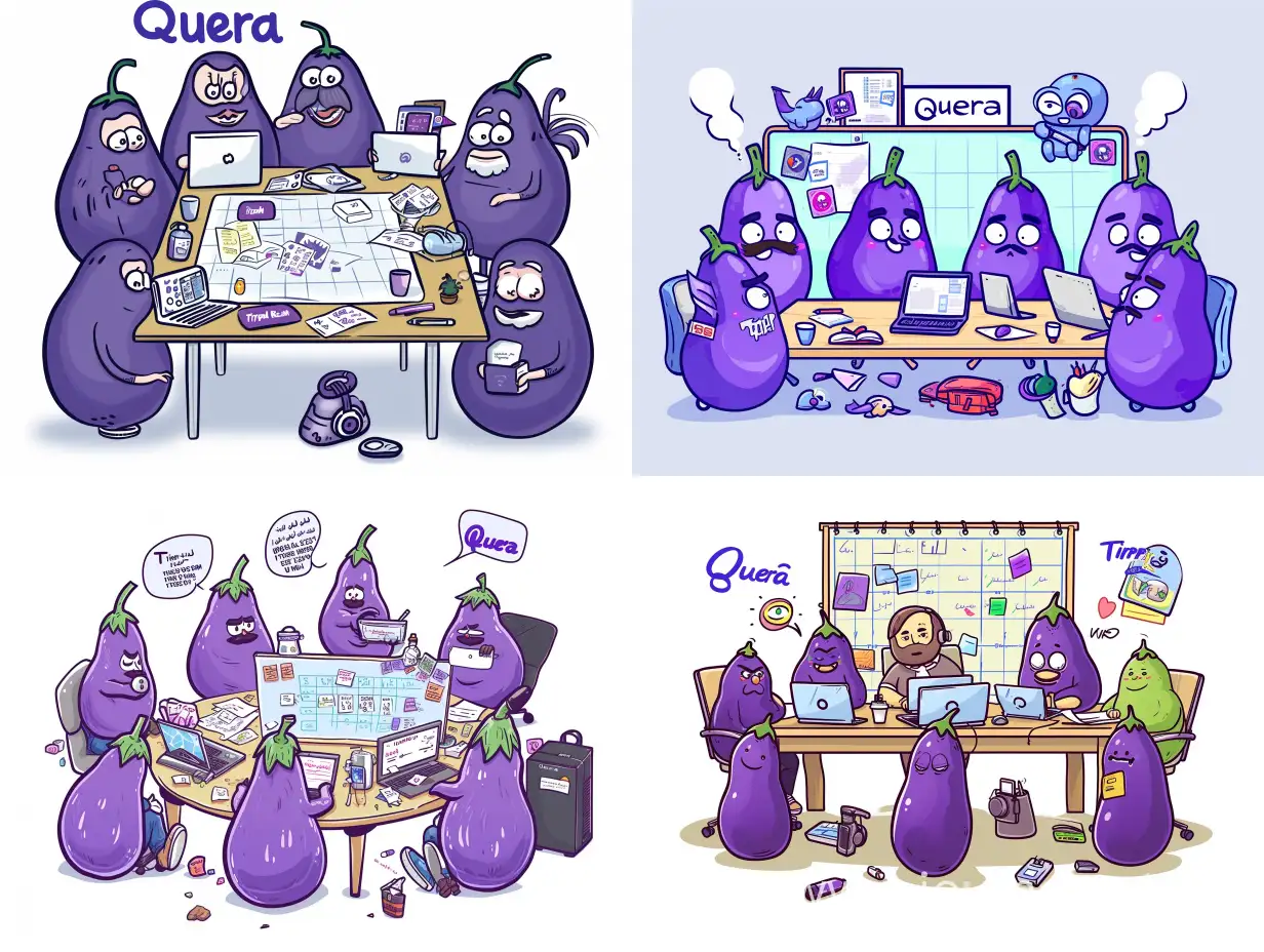 "Create an cartoonish image of the ‘Tired Eggplants’ programming team working together on a project. The team consists of five members, each represented by an eggplant. They are collaborating around a scrumboard, surrounded by programming-related items. Here are the details for each programmer:  Soroush: Appearance: Medium height, with short hair. Weight: 80 kilograms. Height: 180 centimeters. Age: 23 years old. Work: Focused on a laptop with two screens. Facial features: Short beard and short mustache. Additional details: Programming stickers behind his laptop. Behdad (Team Leader): Appearance: Long hair. Weight: 100 kilograms. Height: 180 centimeters. Age: 18 years old. Work: Leading the team, using a gaming laptop with headphones. Personality: Medium logic, a little emotional. Mohammad Reza: Appearance: Medium height hair. Weight: 90 kilograms. Height: 190 centimeters. Age: 33 years old. Work: Working hard but sometimes confused with phone and laptop. Communication skills: Perfect. Facial features: A little beard. Foroutan (Front-End Developer): Appearance: Medium height hair. Weight: 110 kilograms. Height: 180 centimeters. Age: 25 years old. Personality: Sometimes nags, but smiles all the time. Work device: MacBook. Amirreza (Newbie Programmer): Appearance: Trying hard with a great heart. Weight: 85 kilograms. Height: 185 centimeters. Age: Newbie in programming. Work device: MacBook. Additional Details:  The team’s company is Quera. The eggplants should be prominently displayed, and the word “Quera” should appear somewhere in blue text.