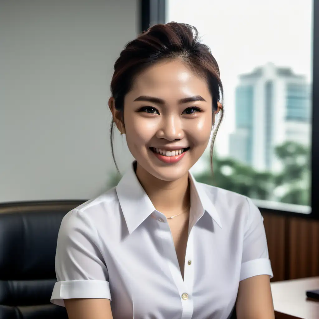 สาวไทย อายุ 27 ปี สวมชุดออฟฟิศสั้น นั่งยิ้มสดใสอยู่ในออฟฟิศ ultra realistic 18K Portrait