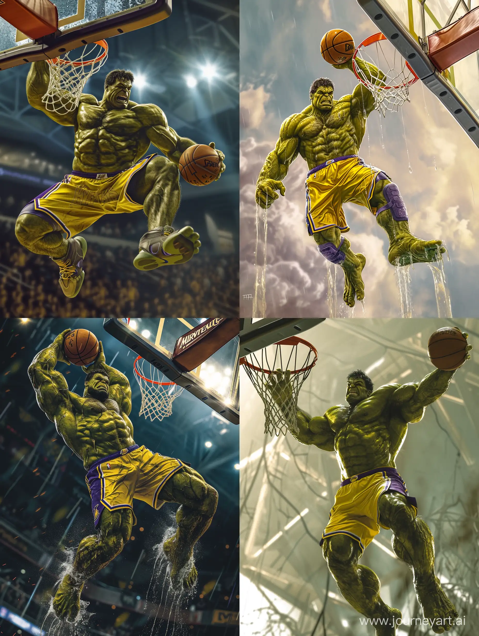 Marvel's Hulk playing basketball, he is jumping to dunk on the hoop and he is dressed in the Lakers uniform, realistic perspective, xbox 360 graphics, surrealistic realism, emotive realism, soggy, eerily realistic --v 6 --ar 3:4 --no 45888