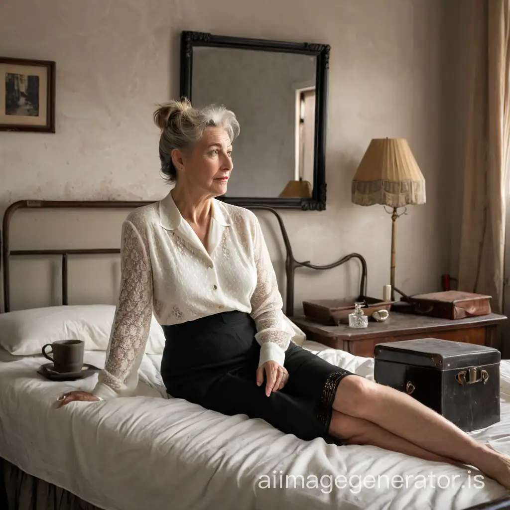 a slender pale white older woman with hard nipples in her early 50s, hair in a neat bun,  wearing a lacey white blouse and black skirt is sitting on a very messy and unmade bed sad and crying. Set in the 1940s