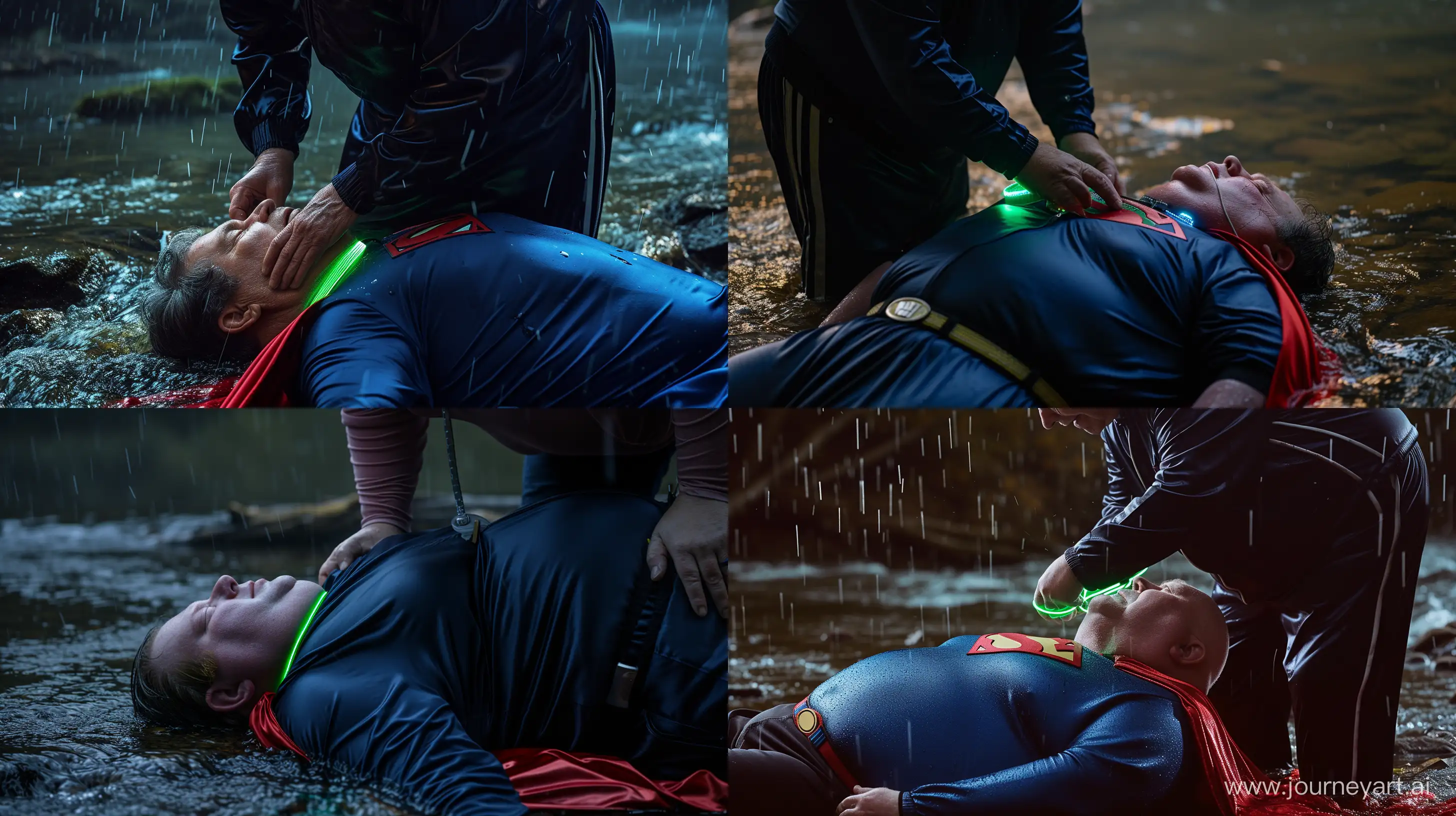 Close-up photo of a fat man aged 60 wearing a navy silk black tracksuit with a blue stripe on the pants. He is tightening a tight green glowing neon dog collar on the neck of a fat man aged 60 wearing a tight blue 1978 smooth superman costume with a red cape lying in the rain. Natural Light. River. --style raw --ar 16:9