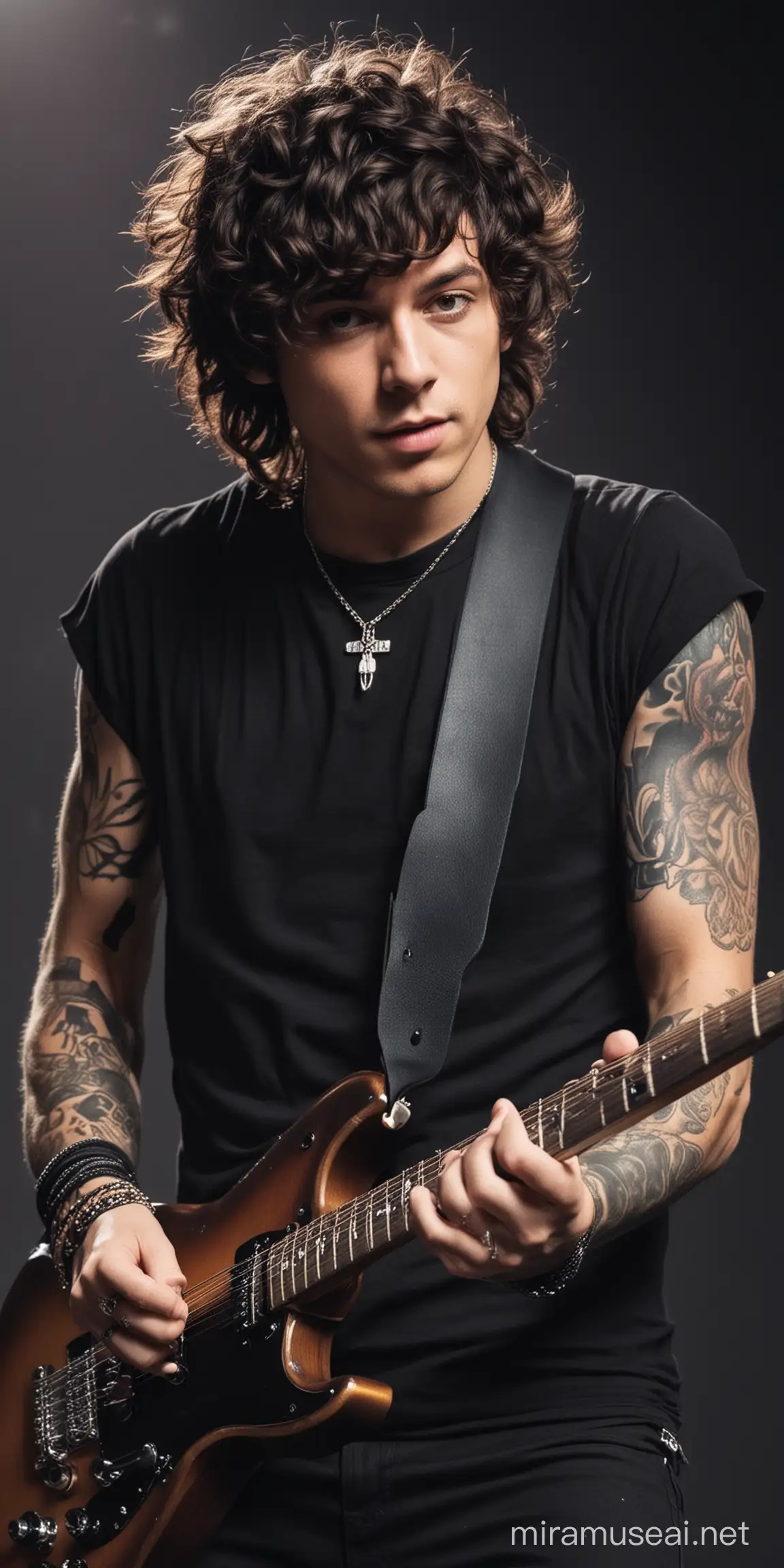 A rock band front man, he had dark curly hair, he plays guitar, he looks like a combination of Harry Styles and Oli Sykes 