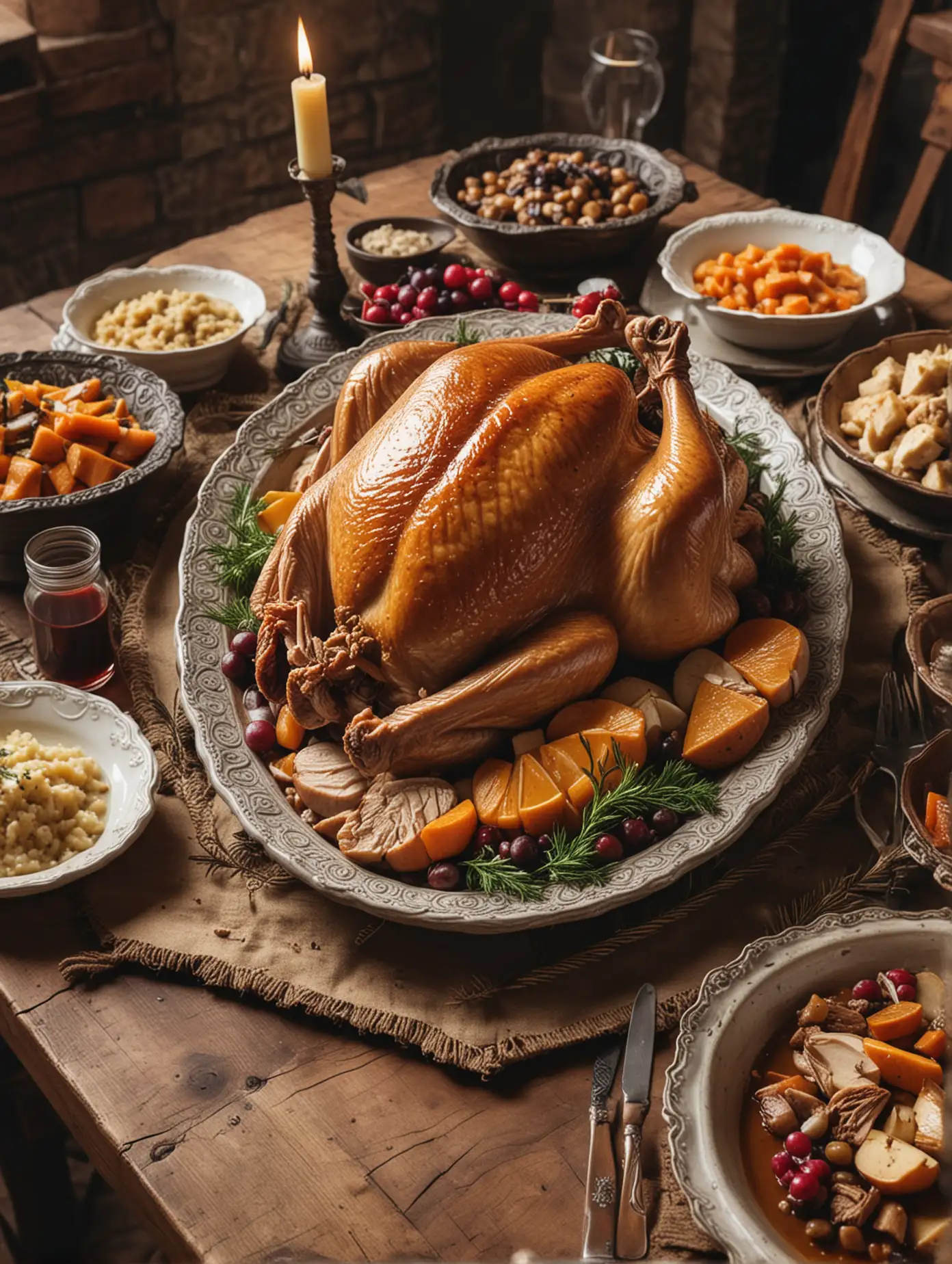 close up of a turkey dinner on a medieval table