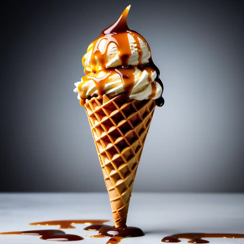caramel waffle ice cream cone with caramel syrup on isolated background. Not very much ice cream visible 