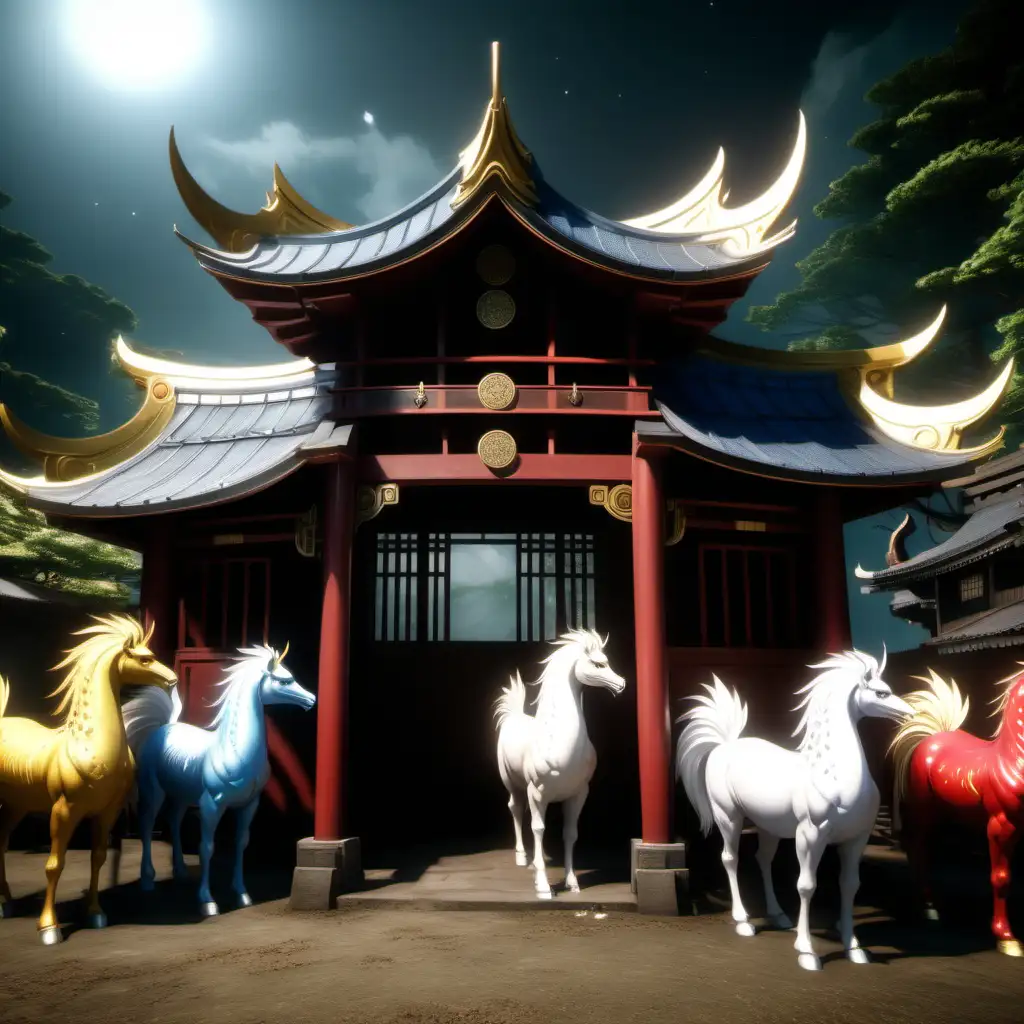 beautiful stable of magical japanese kirin mounts sitting in a beautiful stable for only the most magical in the heavens of the journey to the west novels in the style of a video game