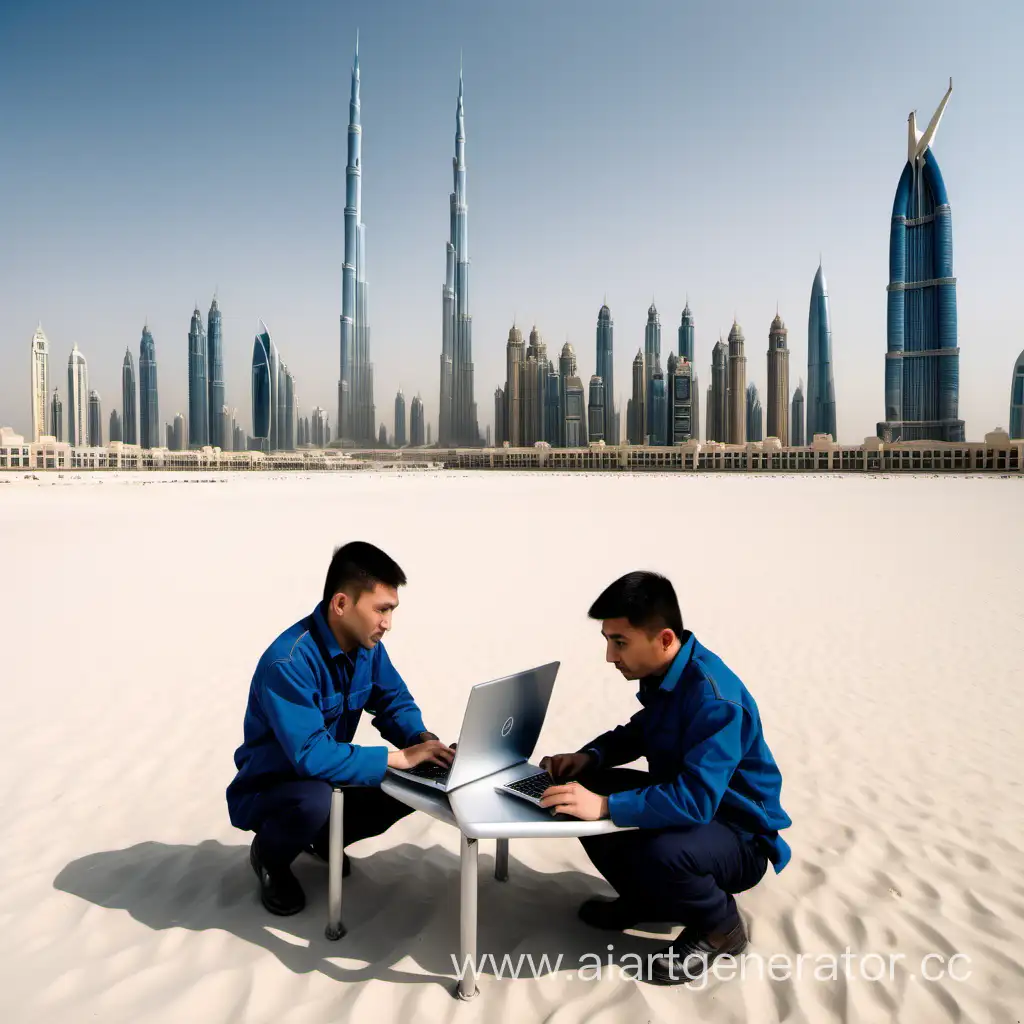 На фоне Дубая инженеры казахи в в тюбетейке работают на ноутбуке