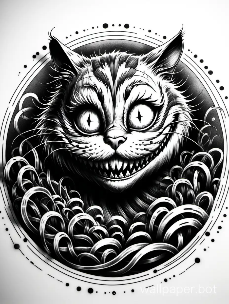 Cheshire cat, drawing lineart, dark tattoo design, circle shadows, explosive black ink, dark ink, white neon line details, monochromatic, white background