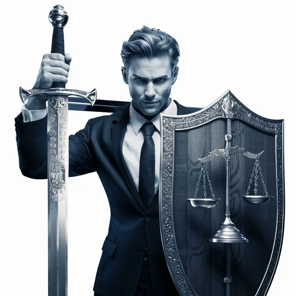 современный юрист с мечом и щитом готовый защищаться и нападать
