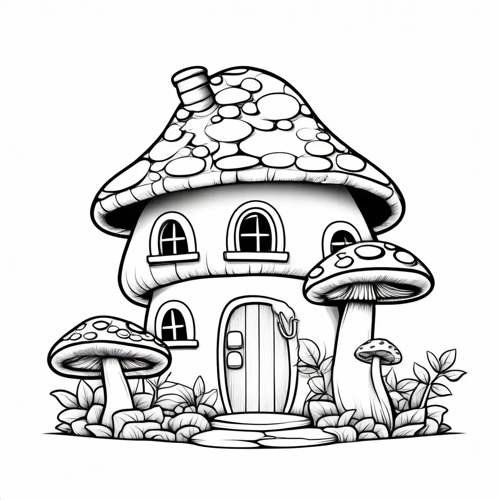 mushroom house, Coloring Page, black and white, line art, white background, Simplicity, Ample White Space. The background of the coloring page is plain white to make it easy for young children to color within the lines. The outlines of all the subjects are easy to distinguish, making it simple for kids to color without too much difficulty