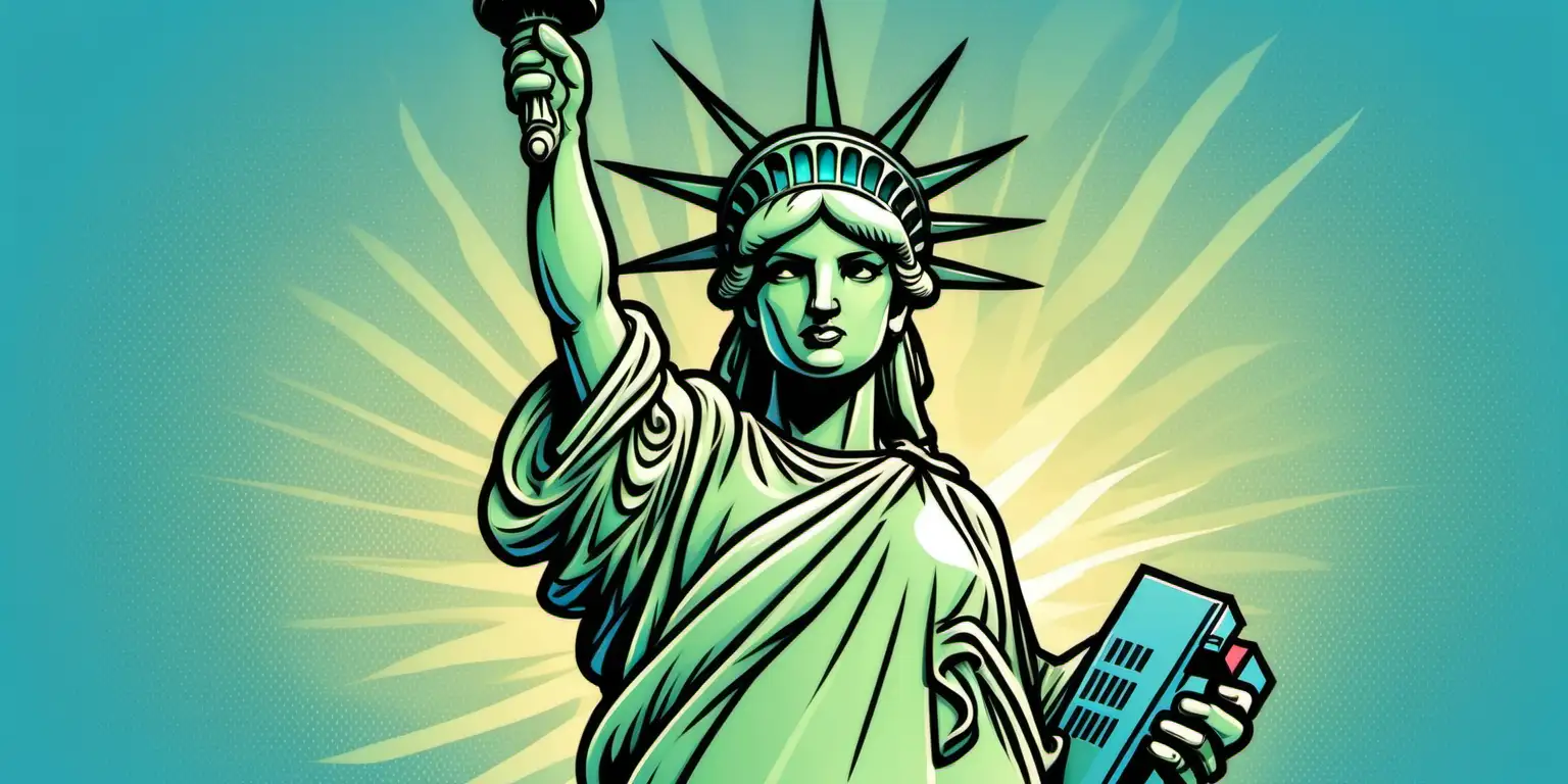 Vibrant Cartoon Illustration Statue of Liberty in Dazzling Colors