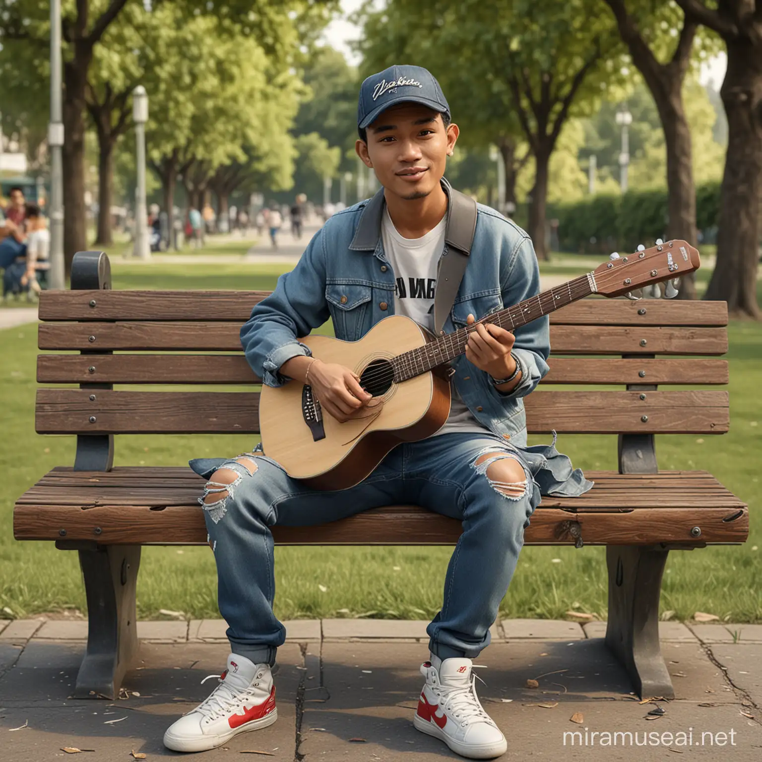 karikatur 4D realistis seorang laki-laki Indonesia usia 25 yo ,memakai topi,memakai kaos dan jaket jeans,celana jeans robek-robek,sepatu boots,duduk di bangku taman sambil bermain gitar dengan sebuah motor vespa di sebelahnya