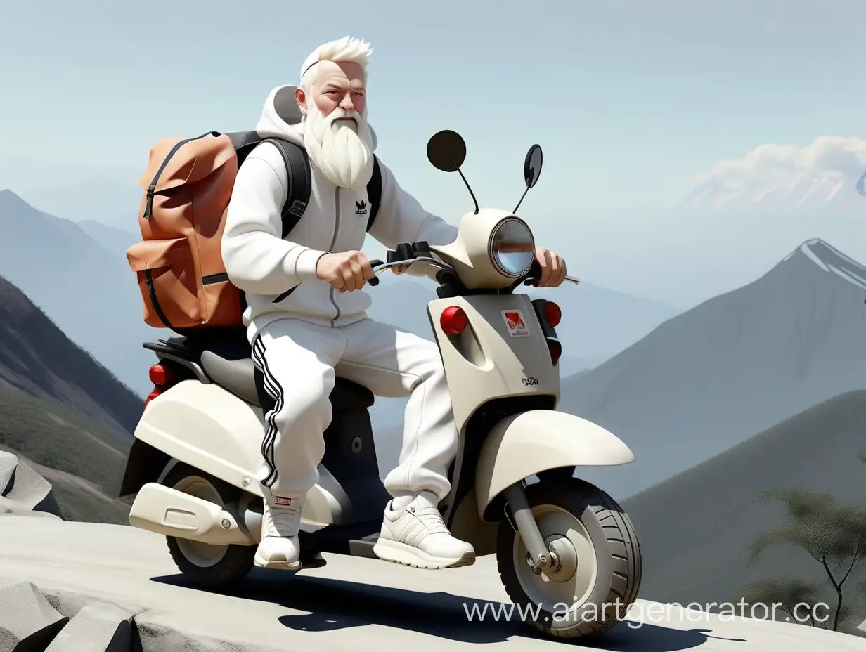 мужчина с белой бородой в белом спортивном костюме фирмы адидас и белым рюкзаком fjallraven kanken на мопеде марки хонда дио ззаезжает на вершину горы чилиад
