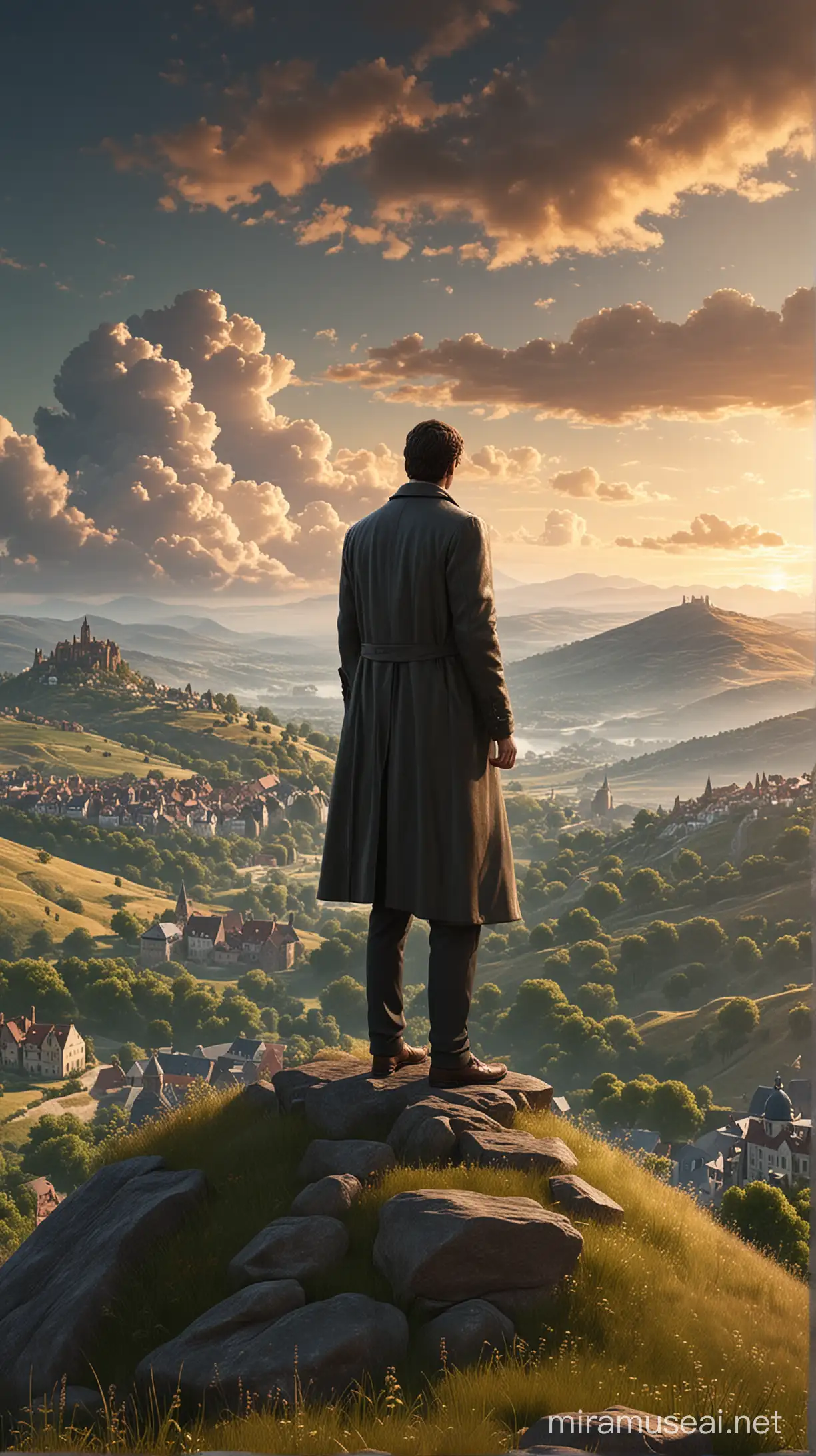 An awe-inspiring 3D render illustration of a tall and enigmatic man standing proudly atop a hill, with a commanding view of the breathtaking landscape below. He dons an elegant topcoat, with his back turned to the viewer, further deepening the mystery surrounding his character. The hill slopes gently, revealing a picturesque panorama of rolling hills, quaint towns, and lush greenery. The horizon seamlessly merges with the sky, painting a dreamy, mesmerizing tableau of colors that evoke a sense of wonder and adventure. The cinematic quality of the scene transports the viewer into a captivating world of storytelling and intrigue.