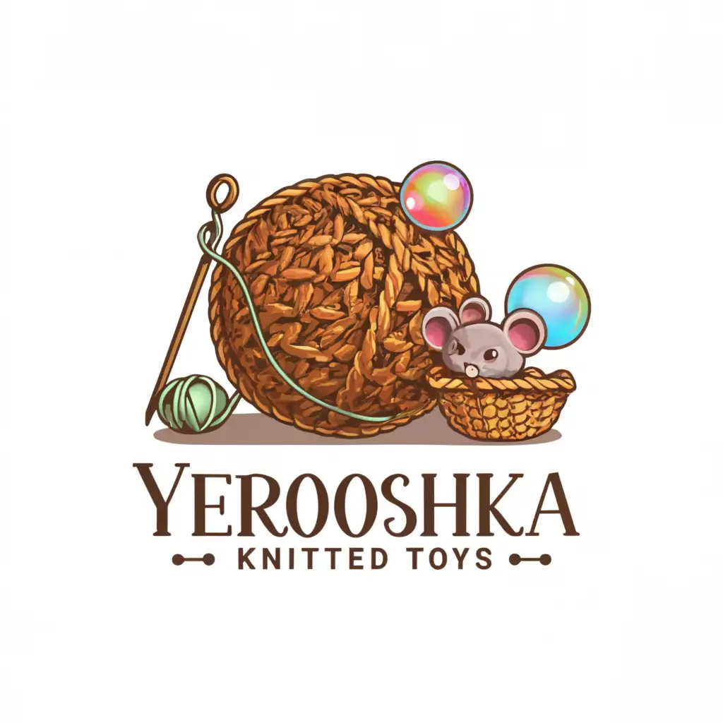 a logo design,with the text "Yeroshka
knitted toys", main symbol:ball of yarn, crochet hook, basket, soap bubble mouse,complex,clear background