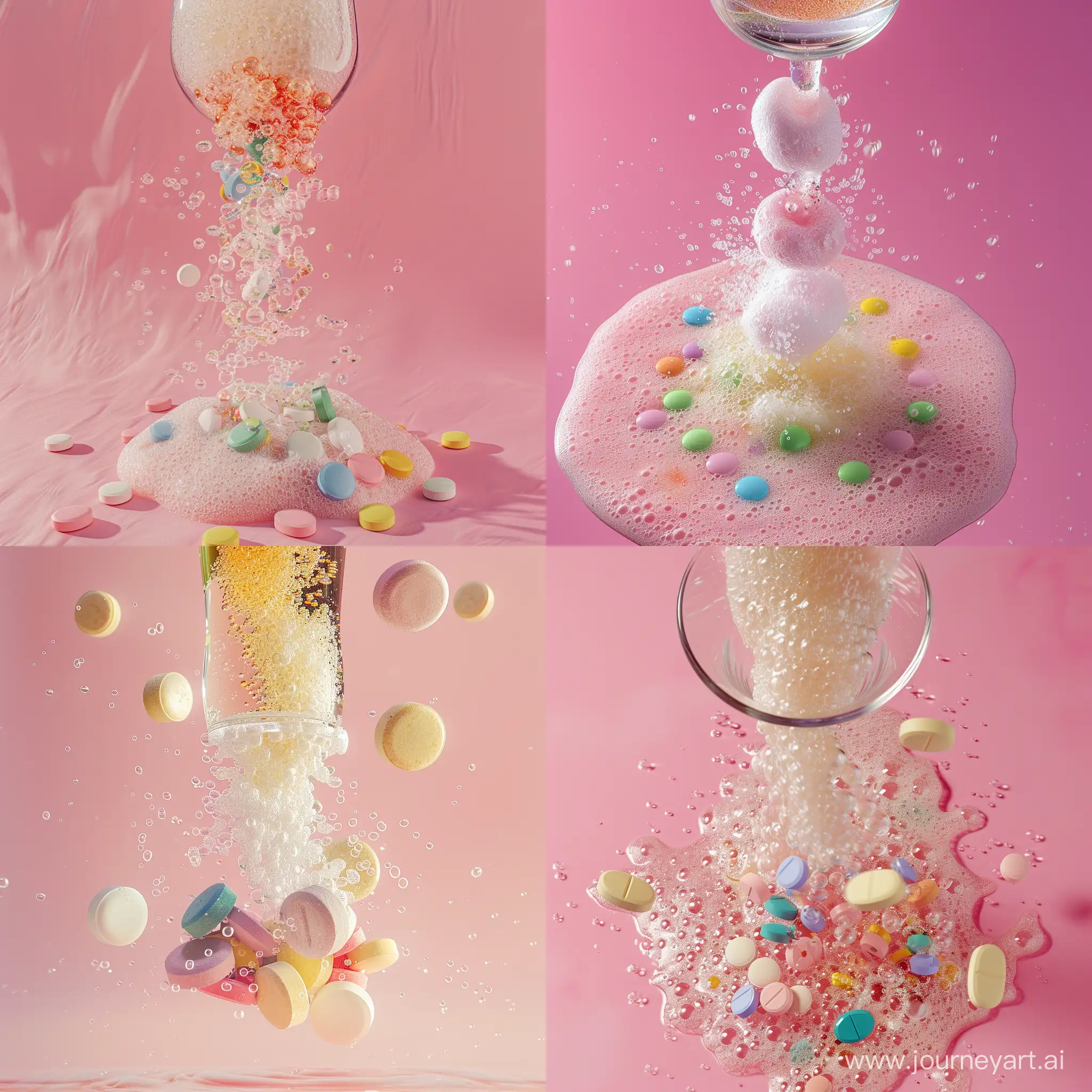 An overhead view of a clear glass filled with fizzy soda, suspended mid-air above a cluster of colorful effervescent tablets on a smooth, pink surface. The soda is cascading down from the glass, creating ripples in the liquid, as the tablets react and dissolve, releasing bubbles and foam against the pink backdrop.