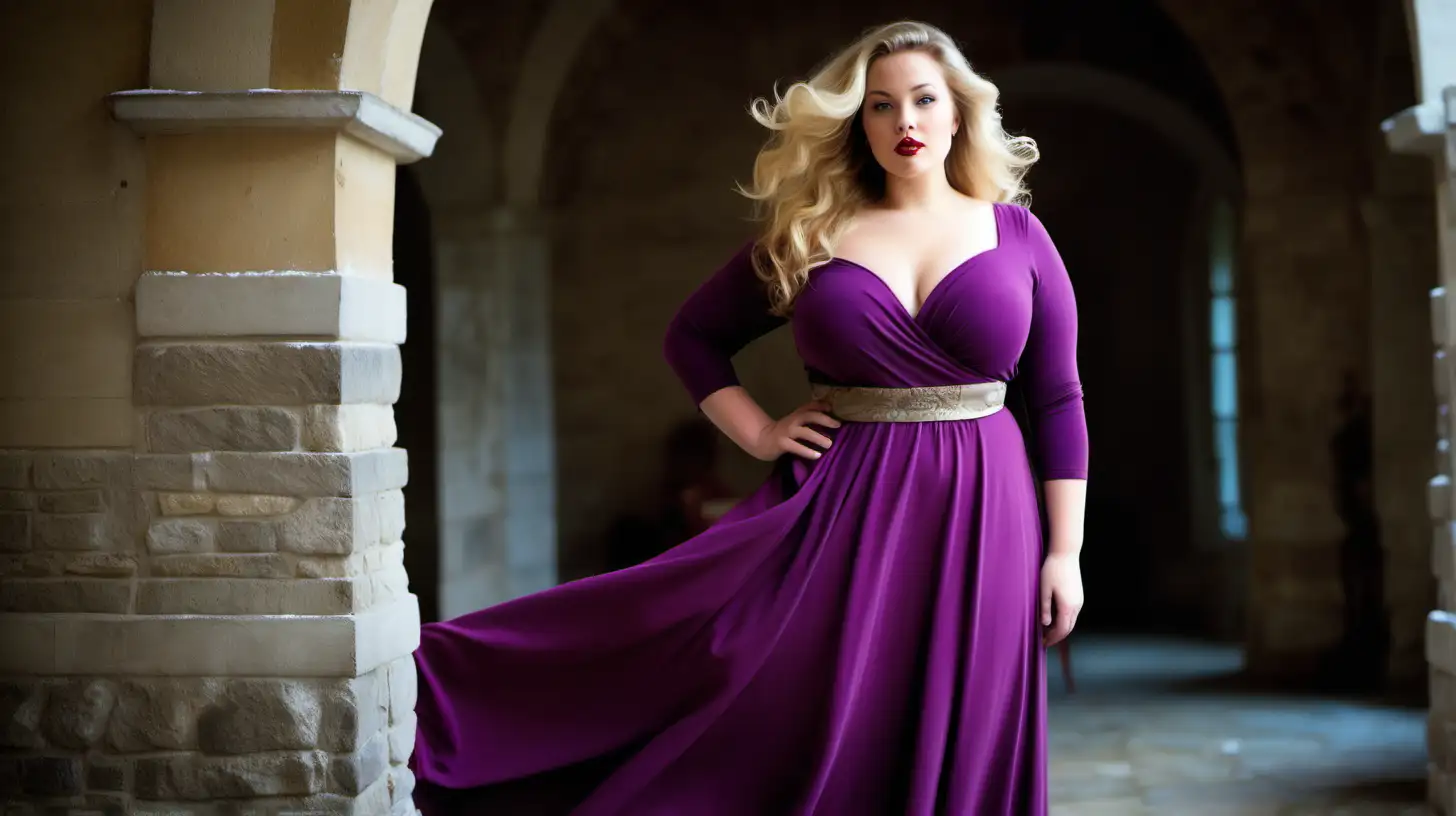 beautiful, sensual, classy elegant plus size model with long flowing dirty blond stylish har, wearing matte ITY in deep orchid dress with a slightly flared skirt that ends just below the ankles at the floor, flared long skirt, skirt is made from the same cherry red fabric as top, fitted bodice, Sweetheart shaped neckline with surplice fitted bodice, long fitted sleeves, empire defined waistline with a waistband tonal to the dress, hair is flowing, luxury photoshoot inside a magical winter castle in France, winter decorations inside the rooms in the castle, antique background