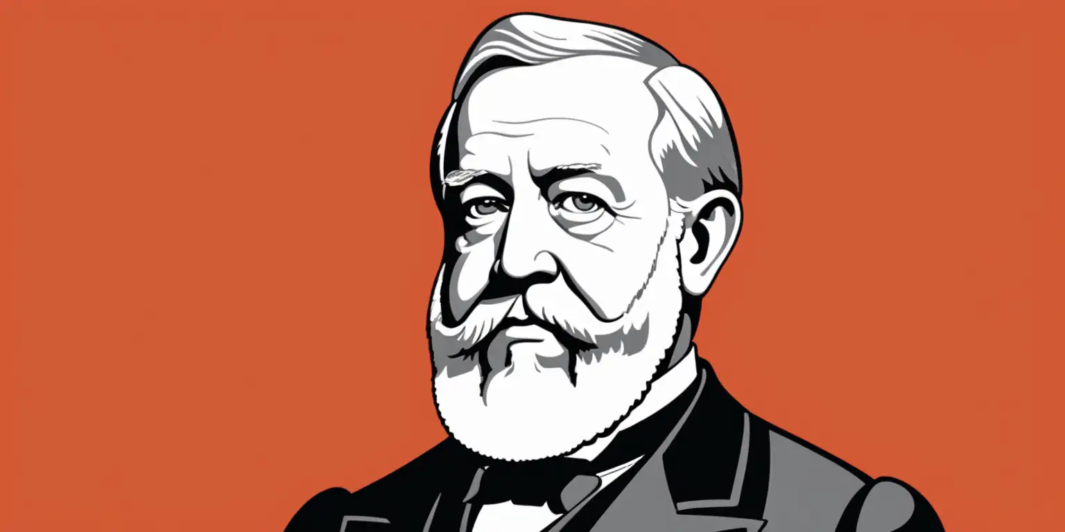 cartoon of Benjamin Harrison with a solid red orange background