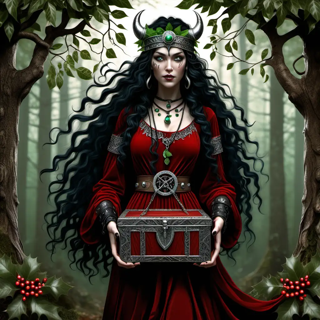 in a ancient forest there is a norse pagan woman with long black curly hair ,she has green eyes &  mascara & eyeliner, wearing a red velvet dress with a leather waistbag on a belt on the side with dangling jewelled feathers attached to the bag, she wears a  headdress of green holly leaves & mistletoe berries on her head , she has in her hands an ancient wooden box with viking symbols all around the box & silver filligree corners the lid of the box is open & mystical talismans & amulets  within the box, she is wearing long  laced up black boots, 