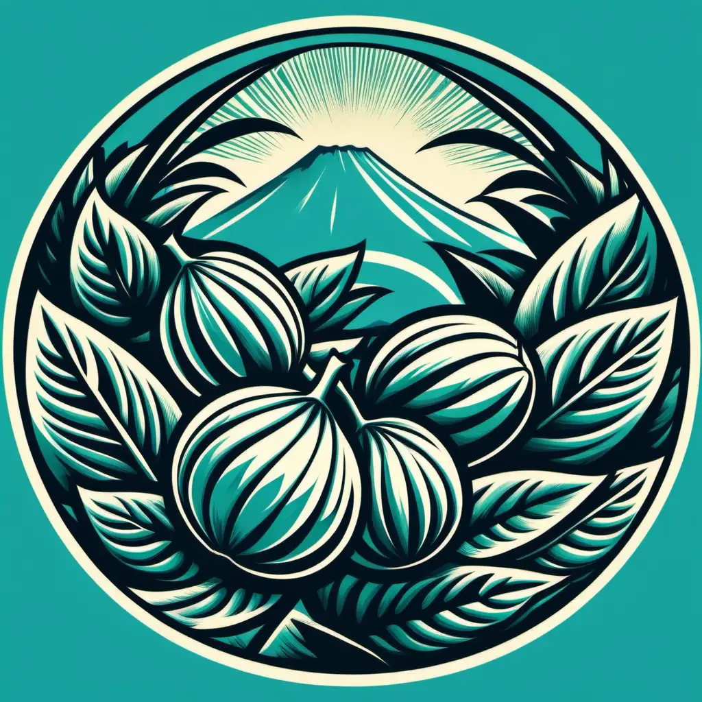 create a modern, circular vector logo featuring ulu or breadfruit closeup - fruit leaves. Add mountains in background. Breadfruit in foreground. Block print technique. 1-2 colors, turquoise color, do not include copy/type on logo. Hawaiian cultural feel.


