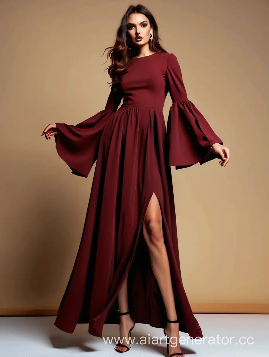  пышное длинное платье с разрезом на ноге со спущенными рукавами клеш цвета бургунди