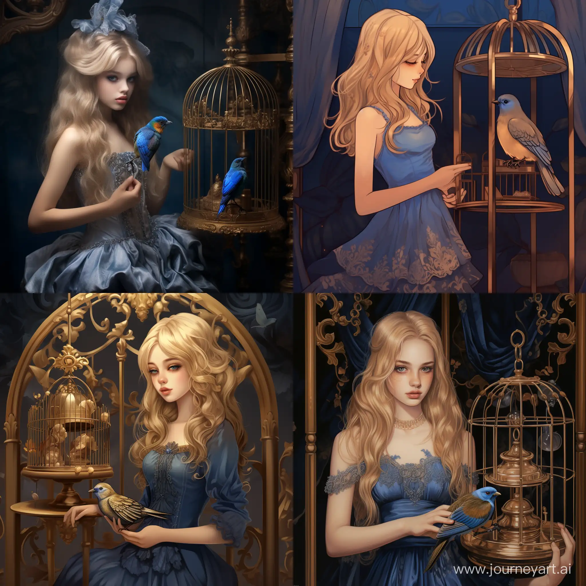 Девушка с блондинистыми волосами стоит рядом с золотой птичье клеткой, внутри маленькая синяя птица. На девушке синее платье с золотыми оборками