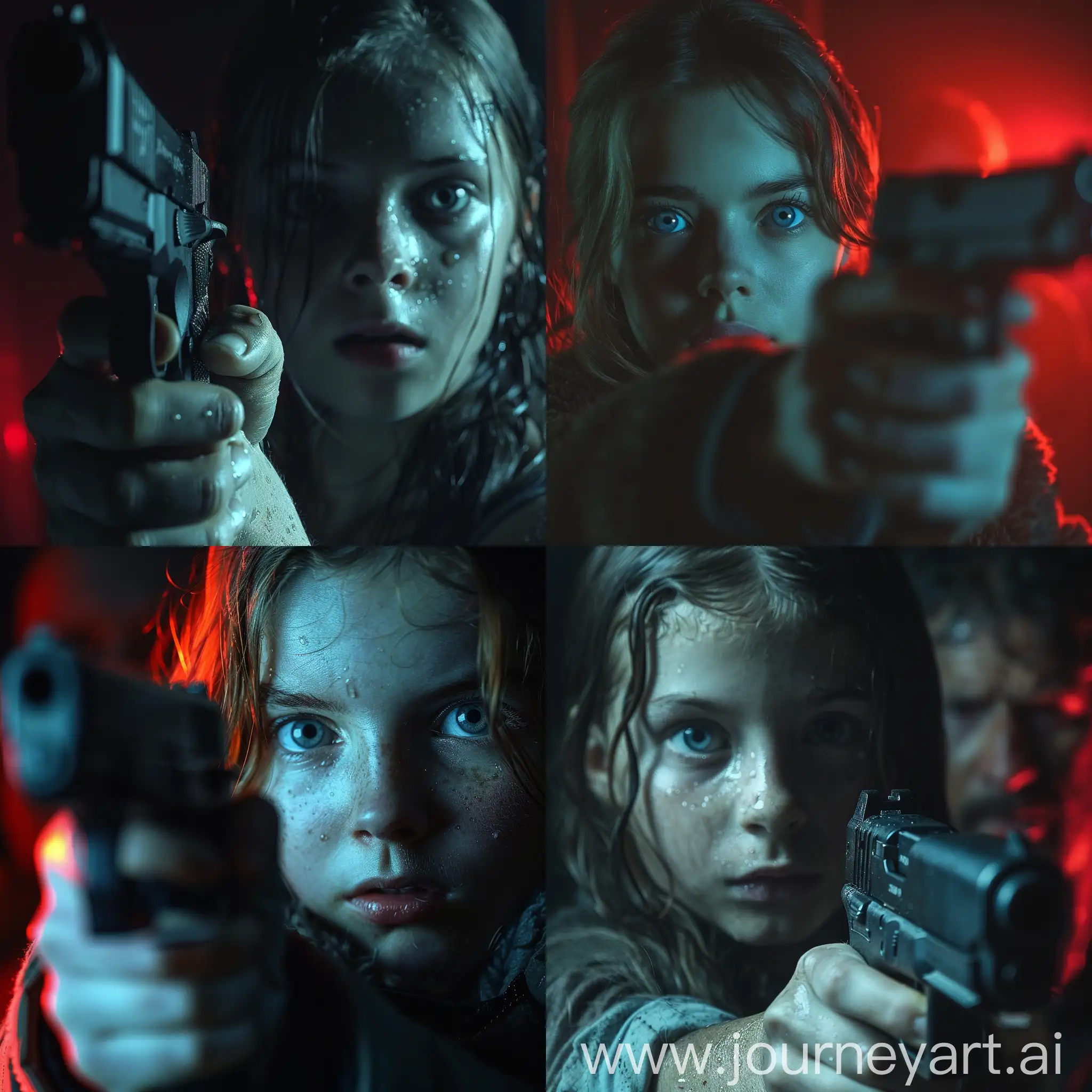 a disturbing and intense scene. Here are the details:

blue eyes girl Fappears to be in a vulnerable position.
Person Holding a Gun:
Another person,, is holding a black handgun.
The gun is positioned close to the head of the blurred person.
The hand holding the gun is steady and deliberate.
Background:
The overall background is dark, with some areas illuminated in red light.
The scene suggests tension, danger, and potential harm.
Please note that this is an artificially generated description based on the visual elements in the image. The context and intent behind this scene remain unknown  --style raw --stylize 750