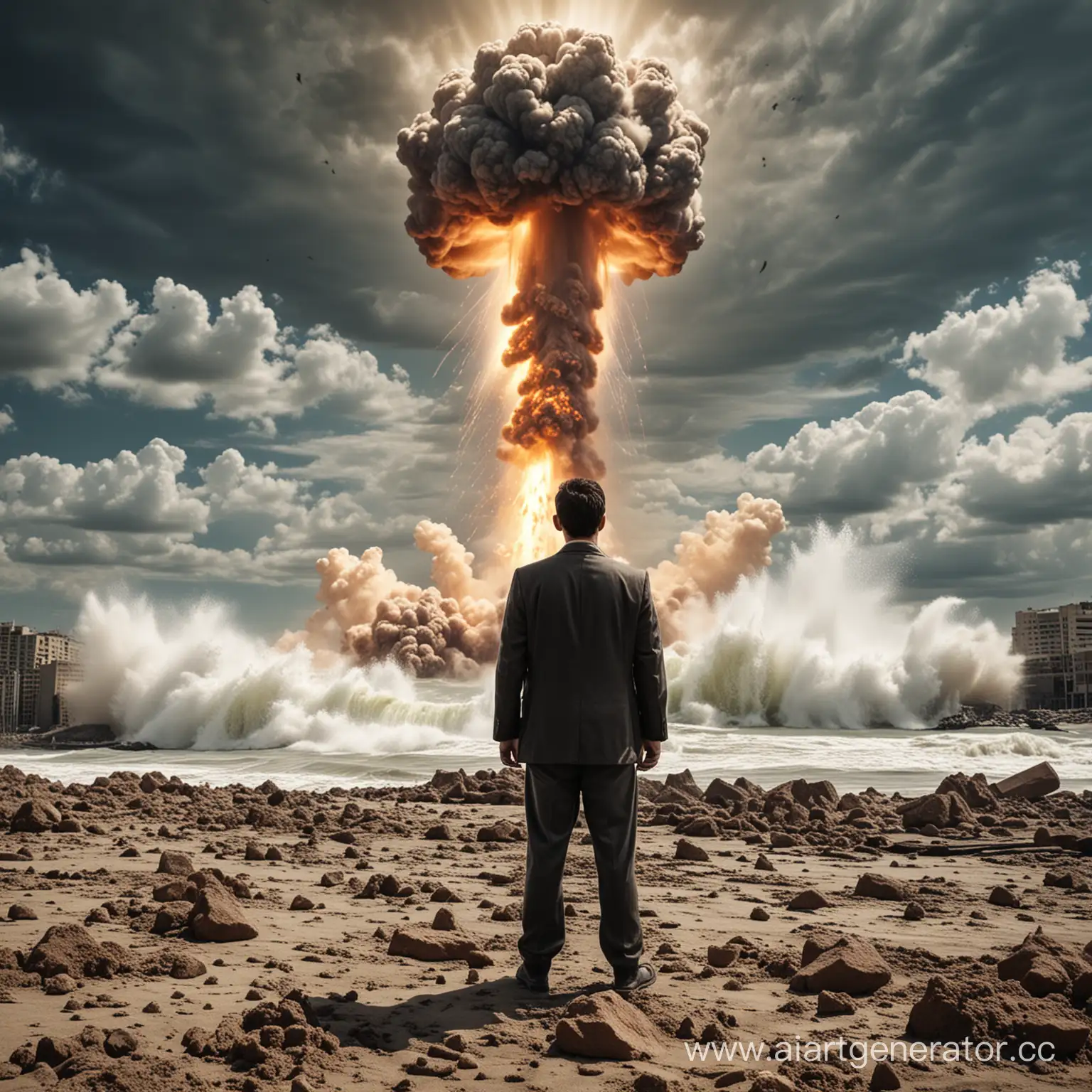 человек на фоне ударной волны ядерной бомбы