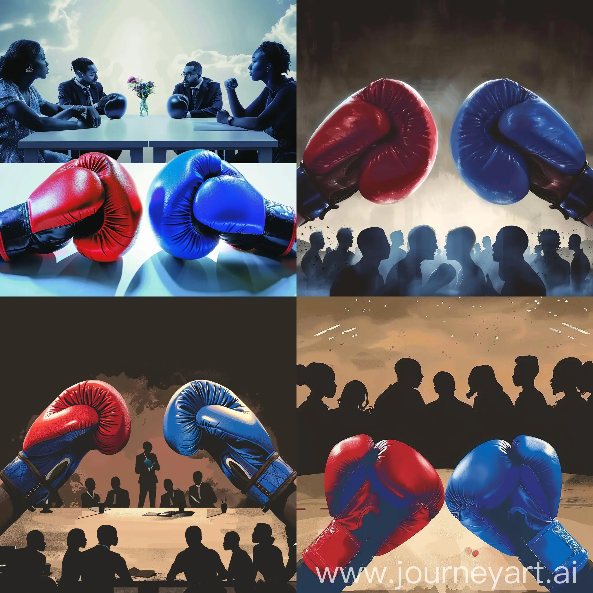 a poster, style realistic about a debate meeting called Apéro Dileme, where two ideas are fighting. I want to have two boxe gloves, red and blue, with a fight scenario, black people in backgroung discussing  with impacting messages