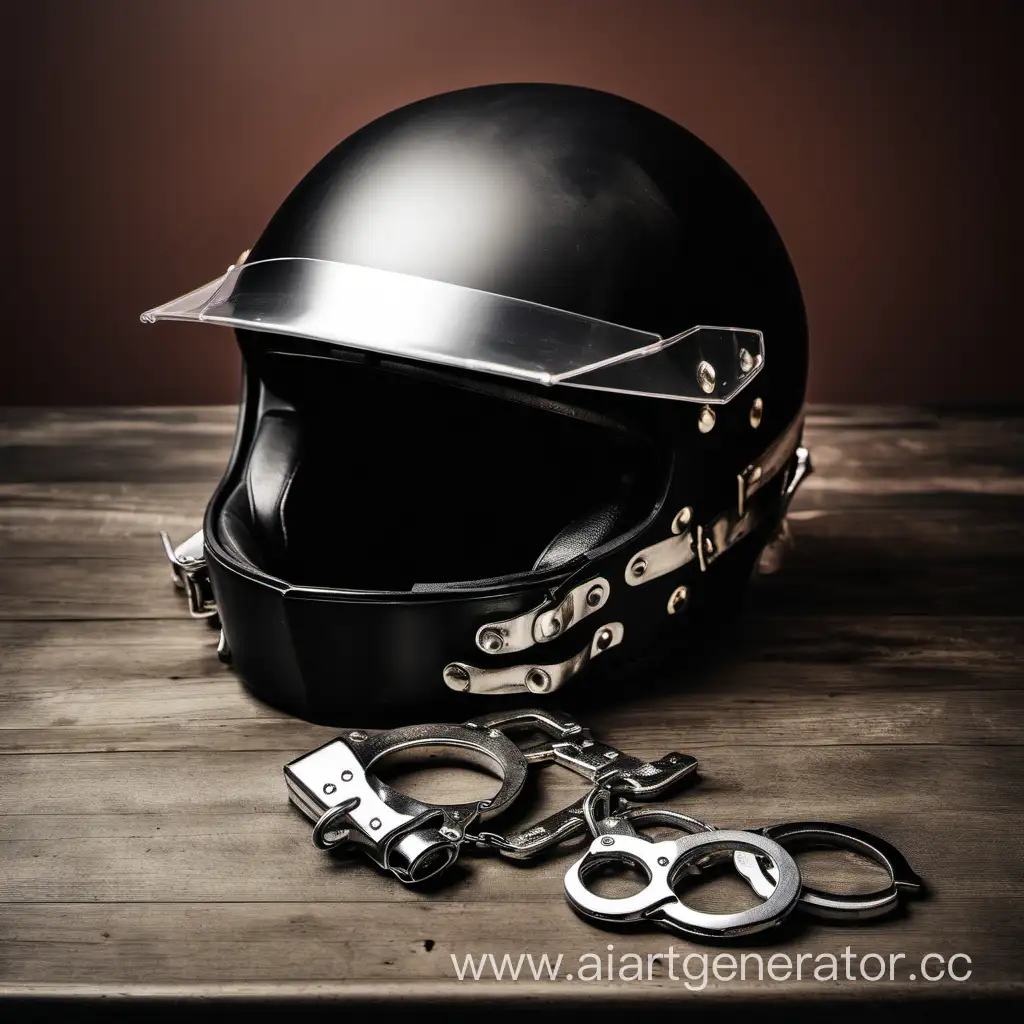 на столе лежат мотоциклетный шлем и наручники