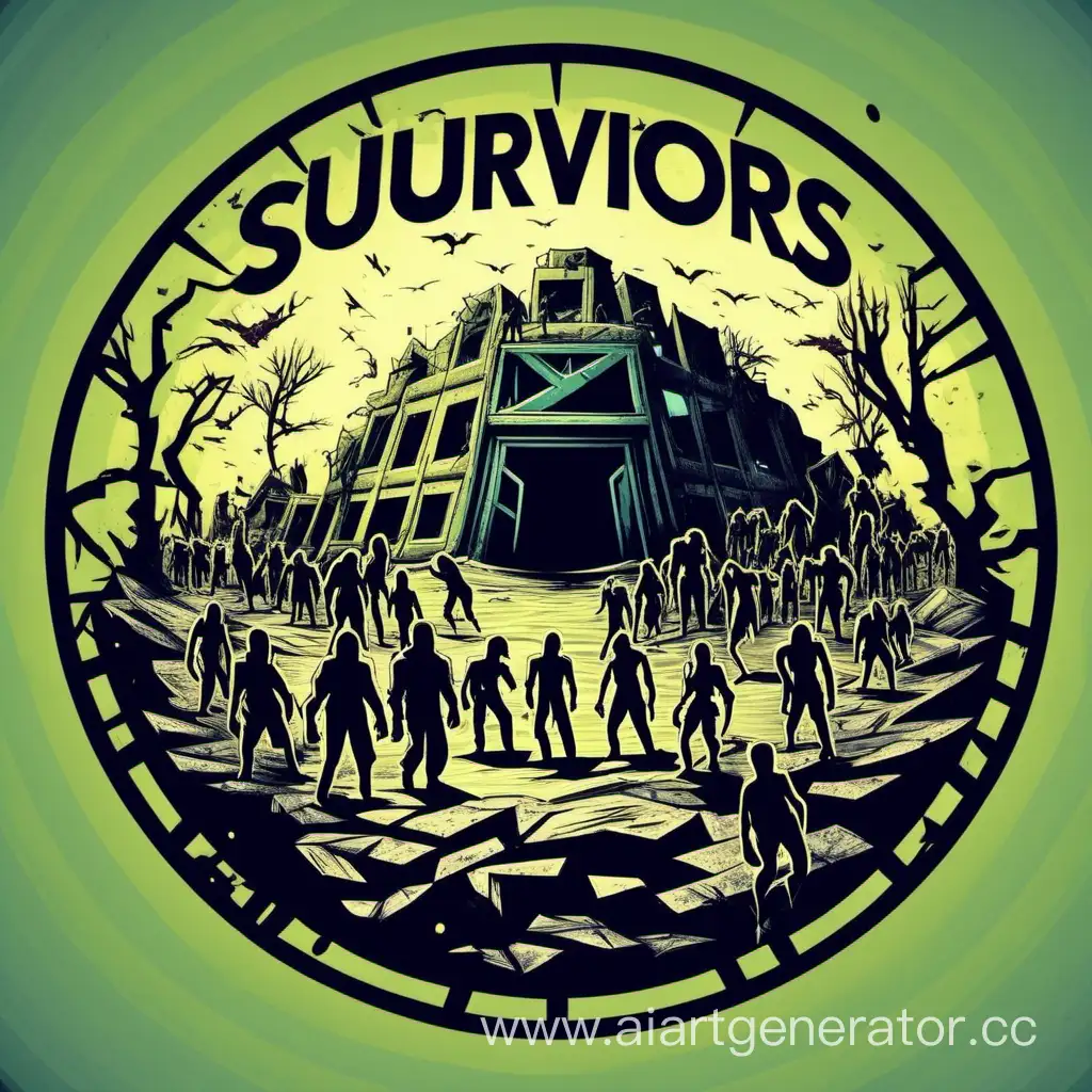 Group of survivors's logo at postapocalypse isolated island with a lot of zombies and mutants which named "SHELTER". Logo in geometric style in circle