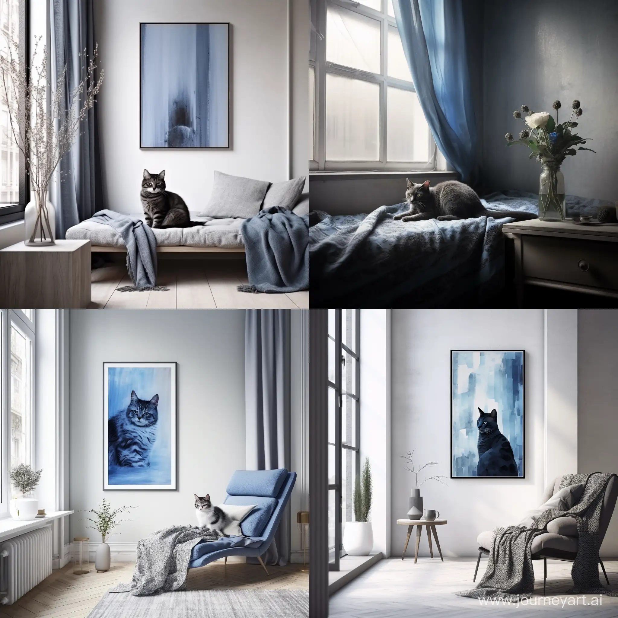 Стиль минимализм, голубая кошка с черными узорами лениво разлеглась на фоне окна, мягкий свет проникает через окна отбрасывая блики на кошку, минимализм 