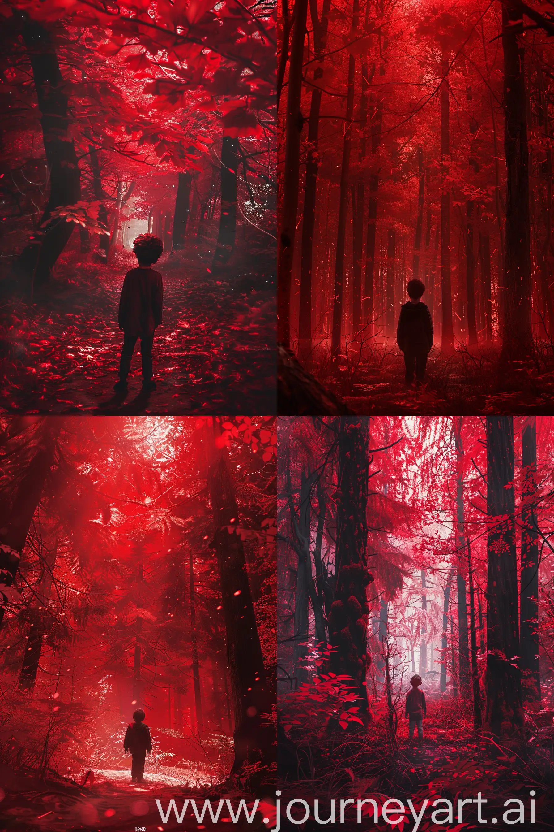 Alone boy in a red forest , 8K, sharp details , High quality, Fine-art print, HQ. Tron vibes. Futuristic background. colourful. Hypermaximalist, hyperdetailed, award-winning, professional colour grading, clean sharp focus. Clean details. intricate details --ar 2:3 --style raw --v 6
