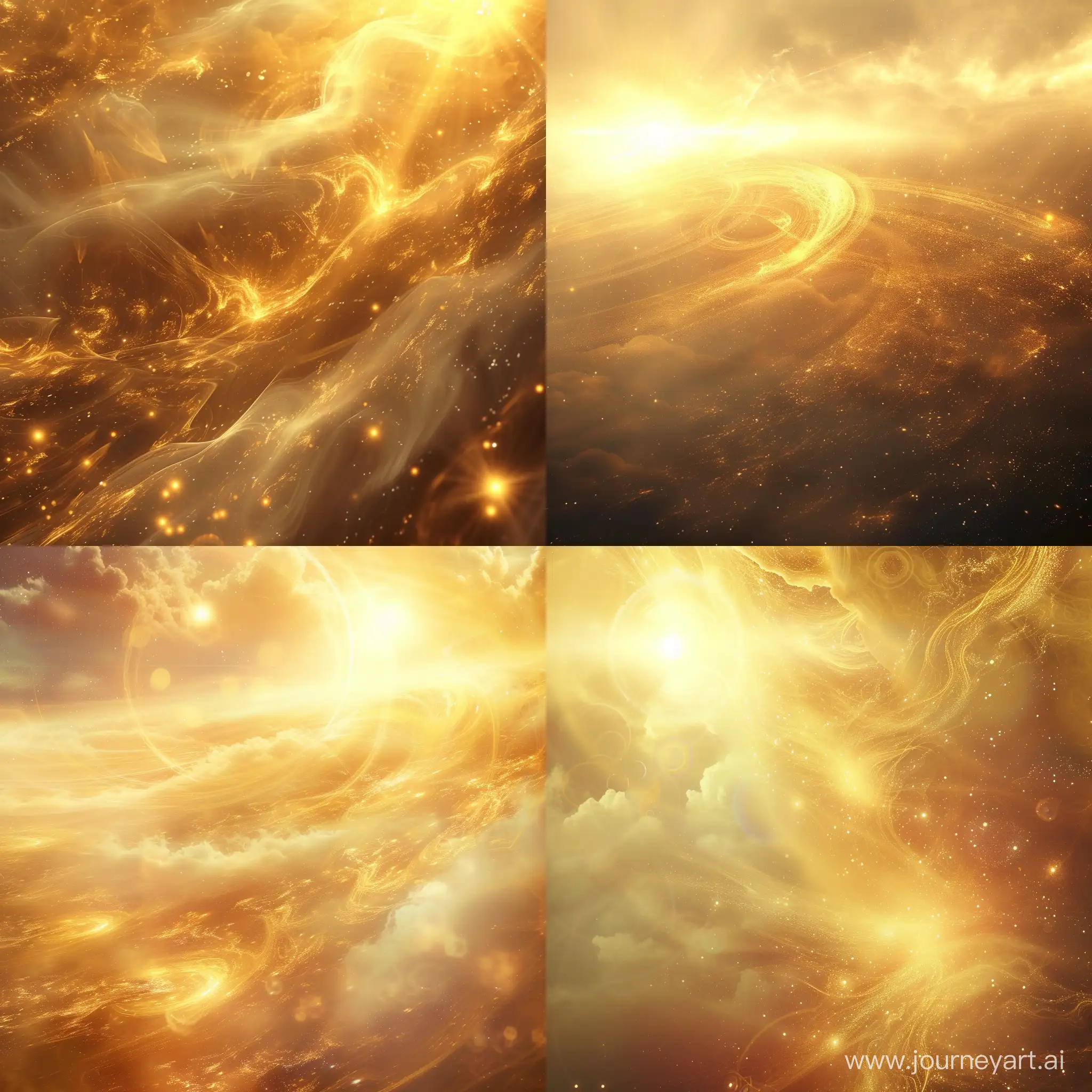 "Create a mesmerizing AI-generated image featuring a golden-hued celestial landscape. Envision a tranquil scene where ethereal spirits intertwine with divine energies, set against a cinematic backdrop that evokes both the grandeur of the cosmos and the serenity of a sacred realm. Incorporate subtle lens flares and soft lighting to enhance the spiritual ambiance."