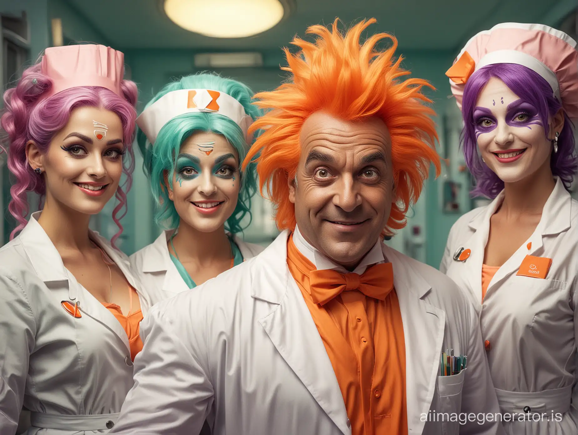 a flamboyant doctor with oompa loompas as nurses. Weird and colorful fantasy world.