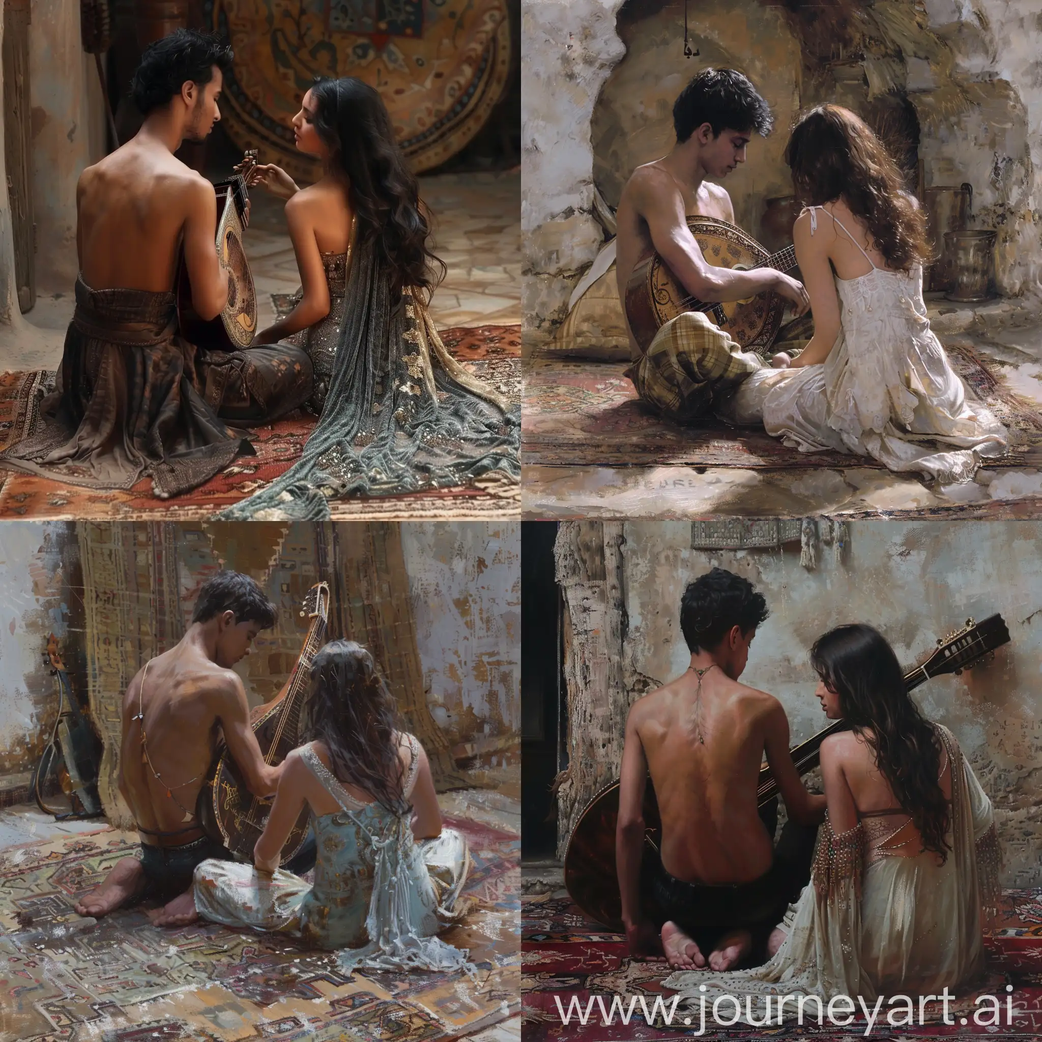 Rear side view: A dark-skinned Saudi young man, with a thin, tall body, sits cross-legged on the floor, hugging the oud, and playing a beautiful song. A beautiful young woman sits in front of him and looks at him intently. They seem to be sitting on a rug in an old mud room.