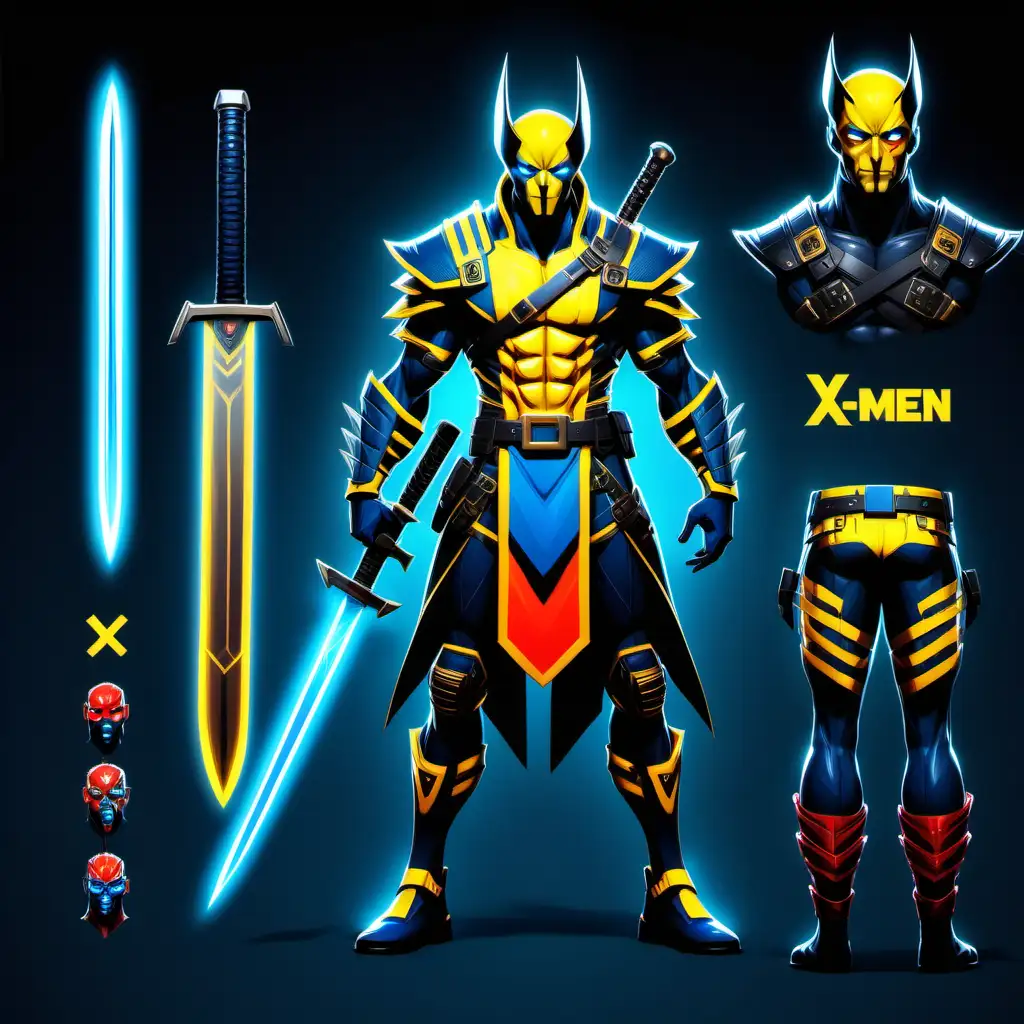 Character-B design sheet, full body of a Magical Paladin Warrior X-men wolverine Logan and a mechanical glowing ninja mask and intricate black blue red and yellow cyberpunk runic clothing with yellow glowing nordic runes,with a massive glowing straight sword in a style reminiscent of fortnite character skin, character concept --chaos 0