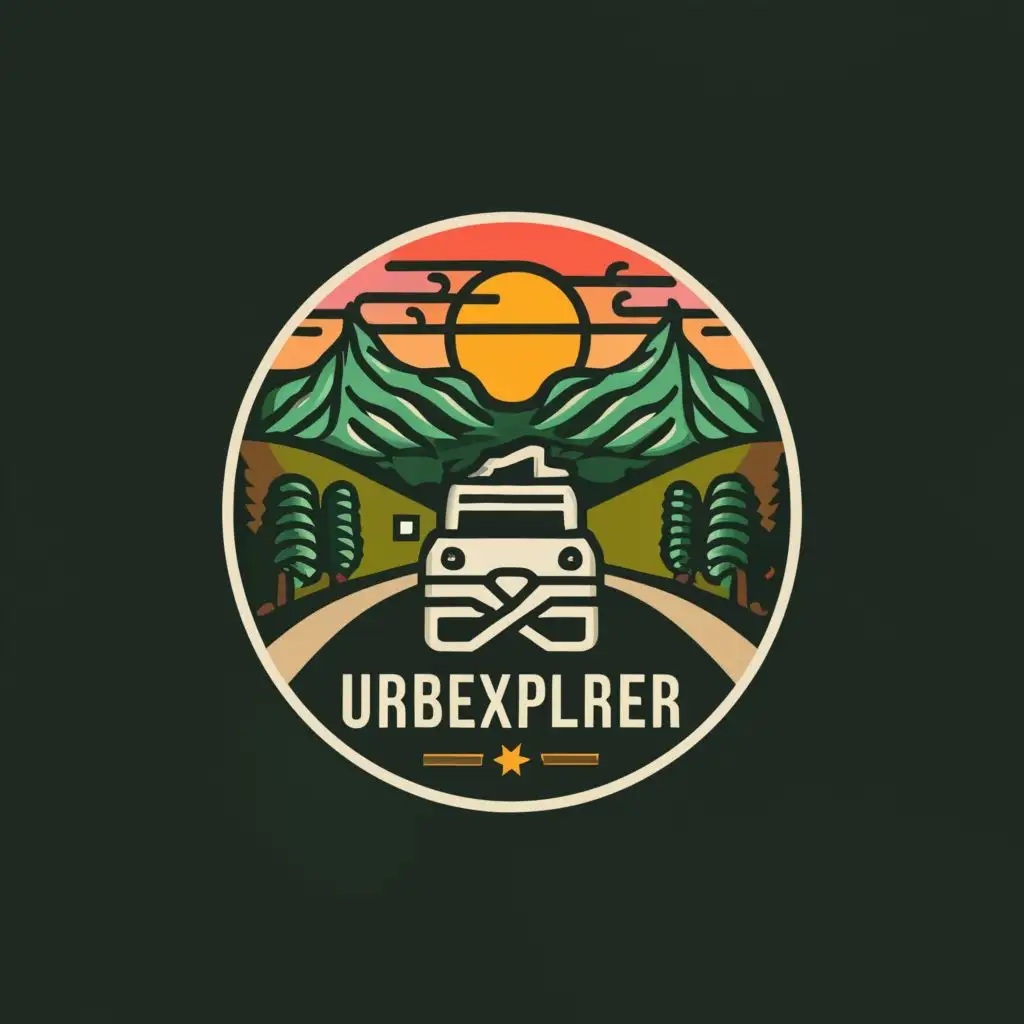 a logo design,with the text 'Urbexplorer', main symbol:Camera, car, trip, travel, exploration, adventure, road, natural landscape behind,complex,clear background