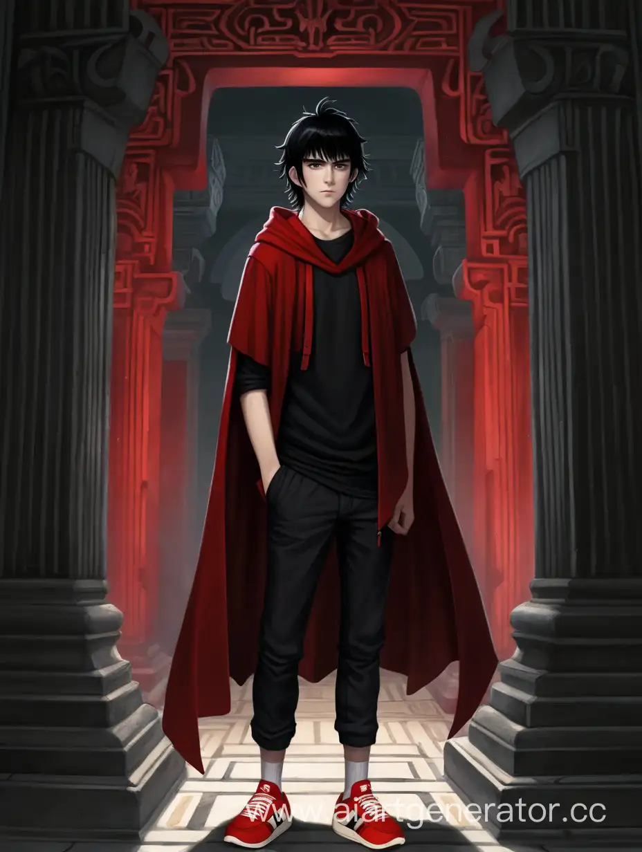 Парень с черными растрепанными волосами одетый в черную футболку, красный плащ, черные брюки, и красные кросовки стоит в темном храме.