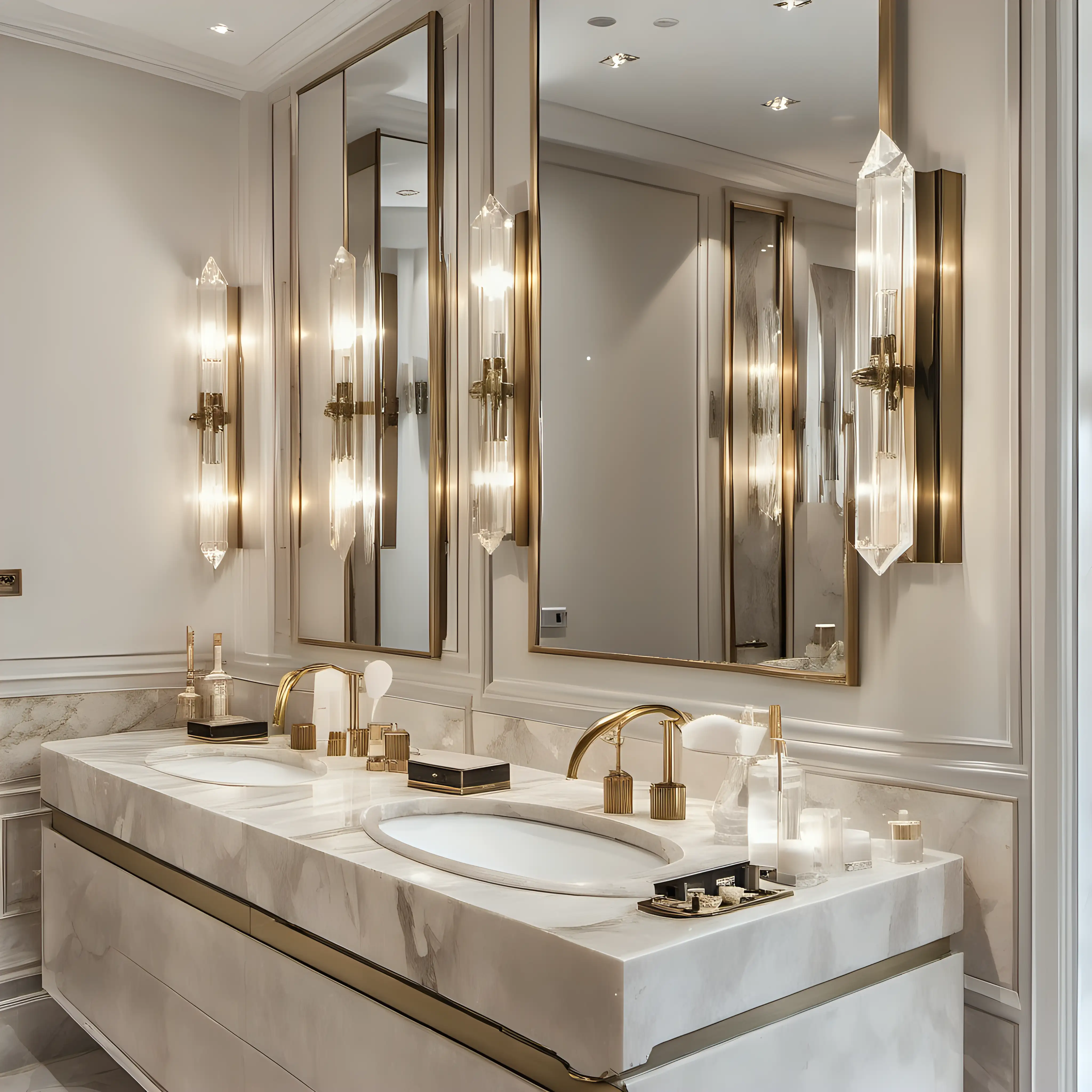 Luxury bathroom beige marble and antique brass accents, double vanity and mirrors. Crystal wall lights