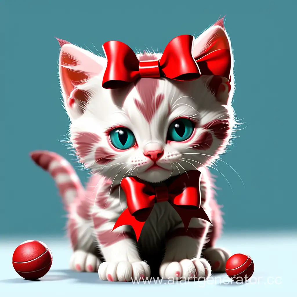 Adorable-Red-Kitten-Playfully-Poses-with-Bow-and-Ball