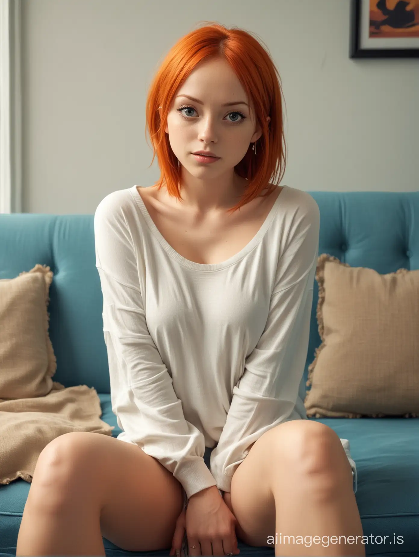 NAMI one piece, big eye, short red hair, cream long sleeves, innocent face, sit at blue couch, full long legs, orange snickers, large room, realism, sharp details