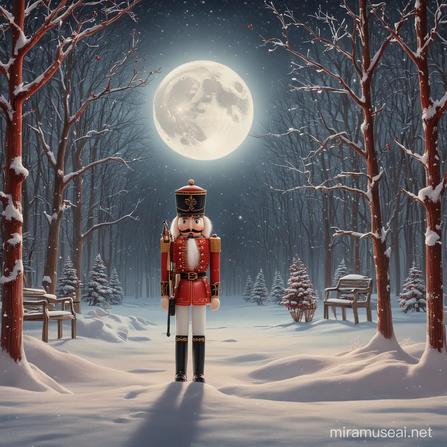 Red Nutcracker Under Moonlight on a Winter Night
