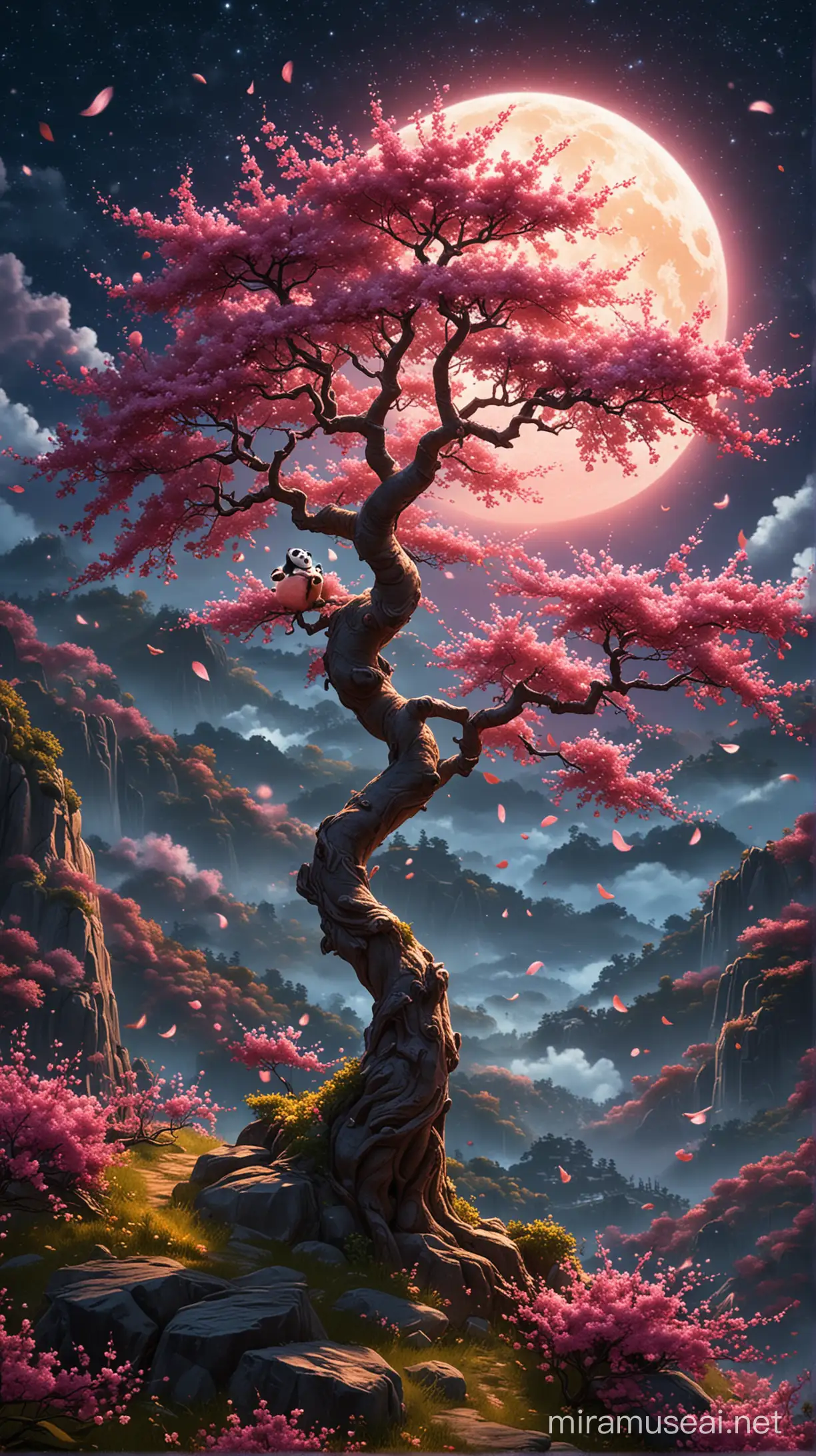 Picture a mystical peach tree radiating with vibrant colors atop a secluded mountain peak, under the cover of night. The tree is aglow with life, its leaves a lush green and its blossoms a vivid pink, despite the darkness. A full moon hangs high in the sky, its light diffused through a thin veil of clouds, casting a soft, ethereal luminescence that reveals the tree in all its glory. The stars twinkle in the background, adding a sprinkle of celestial magic to the scene. This is the Peach Tree of Heavenly Wisdom from Kung Fu Panda, a symbol of enduring spirit and beauty, glowing resplendently in the quiet of the night, offering a wallpaper that is both peaceful and full of life.
